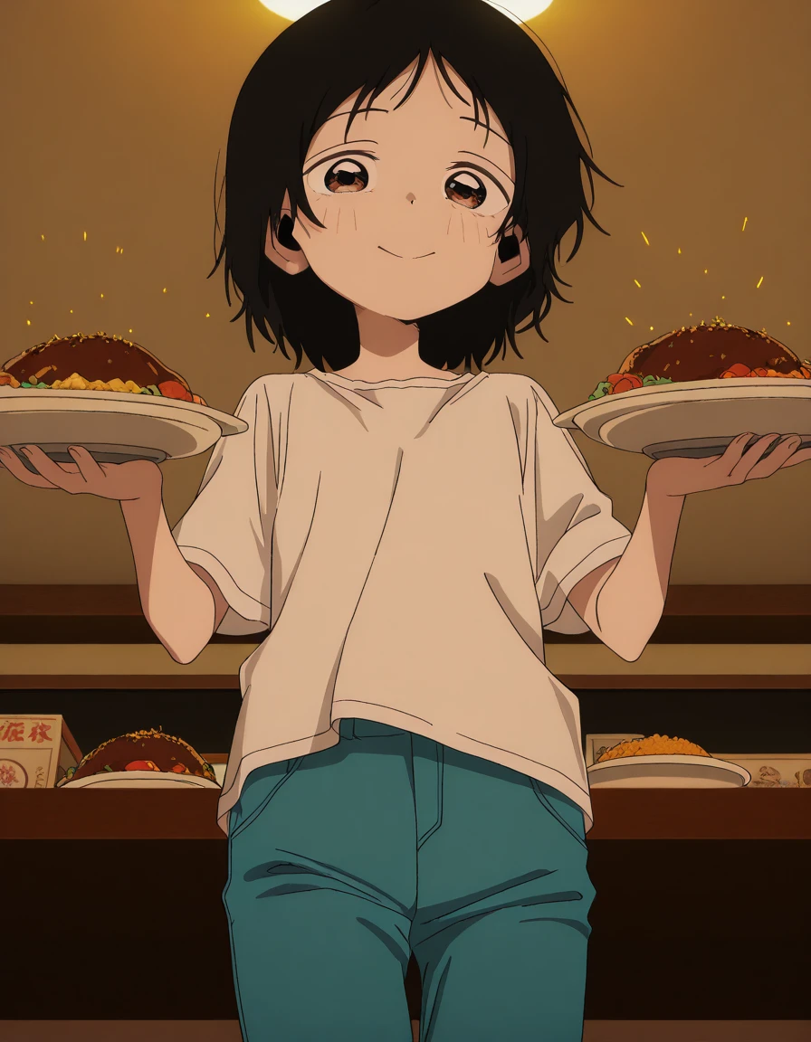 masterpiece, best quality, amazing quality,, <lora:shizuka-kuze-alpha-illustriousxl-lora-nochekaiser:1>, shizuka kuze, short hair, black hair, brown eyes, anime screencap, shirt, white shirt, pants, blue pants, from below, restaurant, laughter, good food, warm lighting, celebration, cowboy shot, solo, looking at viewer, <lora:transparent-background-illustriousxl-lora-nochekaiser:1>, transparent background, simple background, white background