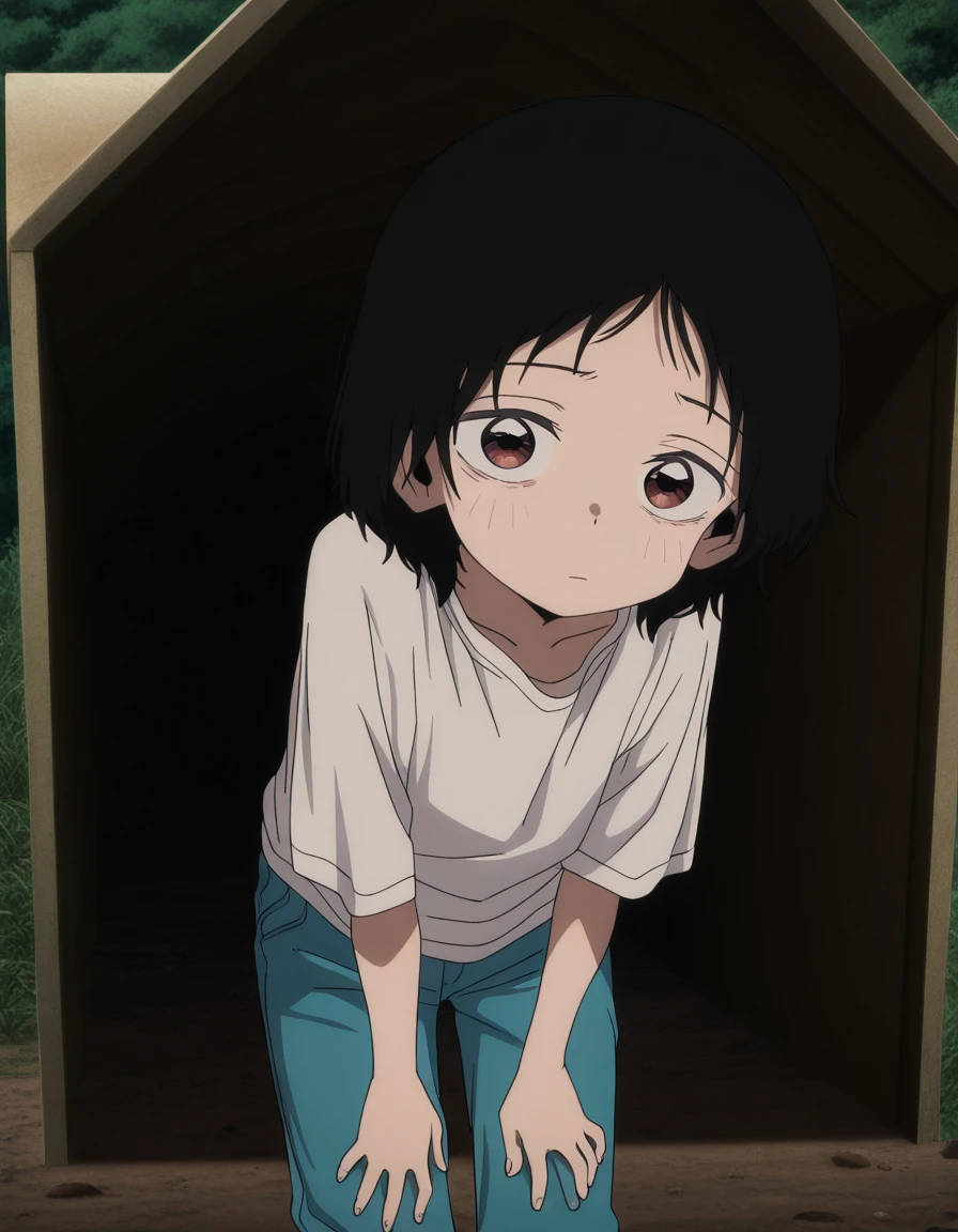 masterpiece, best quality, amazing quality,, <lora:shizuka-kuze-alpha-illustriousxl-lora-nochekaiser:1>, shizuka kuze, short hair, black hair, brown eyes, anime screencap, shirt, white shirt, pants, blue pants, leaning forward,, trench, dirt, warfare, shelter, depth, cowboy shot, solo, looking at viewer,