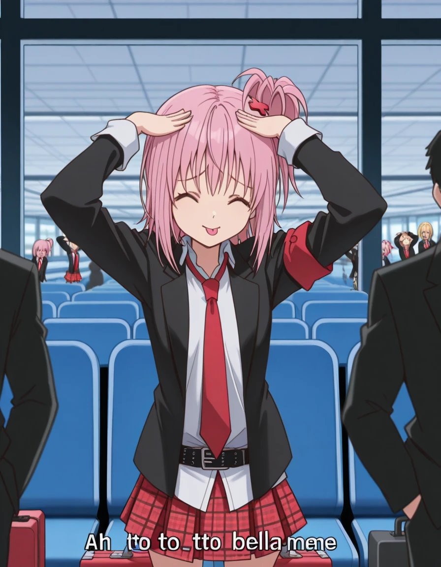 masterpiece, best quality, amazing quality,, <lora:amu-hinamori-s3-illustriousxl-lora-nochekaiser:1>, amu hinamori, short hair, hair ornament, yellow eyes, pink hair, x hair ornament, one side up, side ponytail, anime screencap, skirt, jacket, necktie, belt, plaid, plaid skirt, armband, black blazer, white collared shirt, red necktie,, <lora:ah-eto-bleh-illustriousxl-lora-nochekaiser:1>, ah eto bleh, ah eto... bleh (meme), hands on own head, meme, arms on head, tongue out, closed eyes,, airport, waiting area, suitcase, flight delayed, passengers, reading book, cowboy shot, solo, looking at viewer,