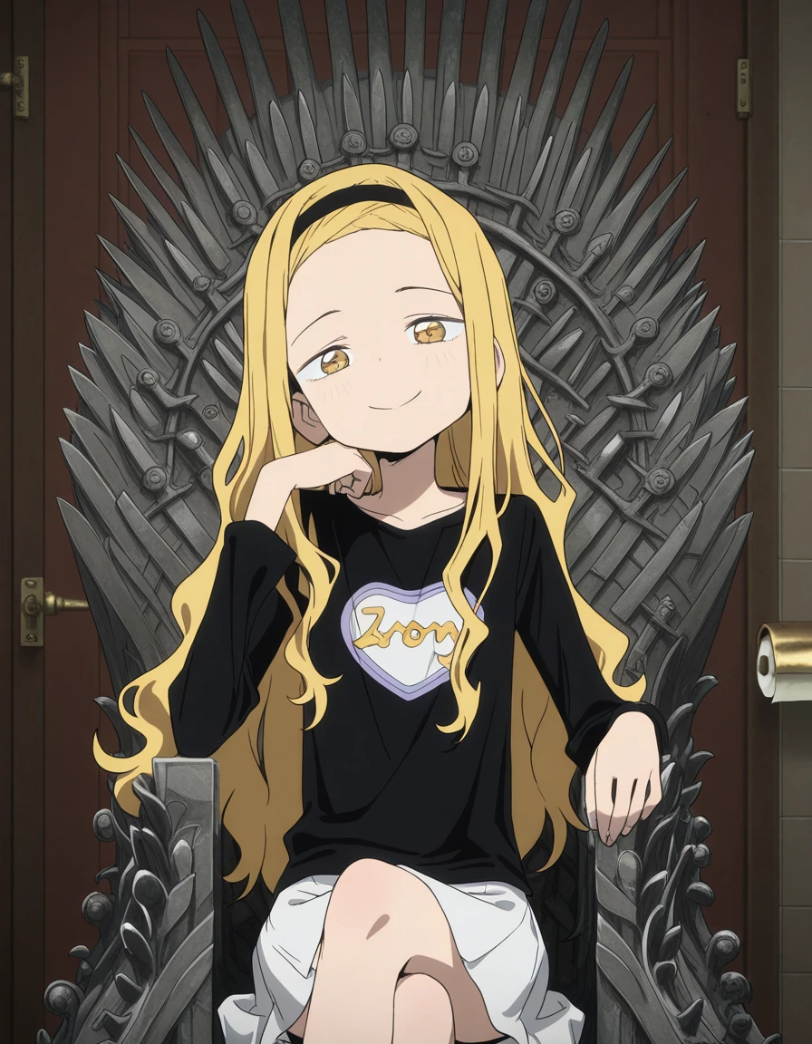 masterpiece, best quality, amazing quality,, <lora:marina-kirarazaka-alpha-illustriousxl-lora-nochekaiser:1>, marina kirarazaka, long hair, blonde hair, yellow eyes, hairband, wavy hair, black hairband, anime screencap, shirt, skirt, long sleeves, black shirt, white skirt,, <lora:iron-throne-illustriousxl-lora-nochekaiser:1>, iron throne, sitting, looking at viewer, sword, throne, sitting on throne, smile, feet out of frame, elbow rest, crossed legs, toilet stall, privacy, tiles, toilet_paper, door, cowboy shot, solo, looking at viewer,