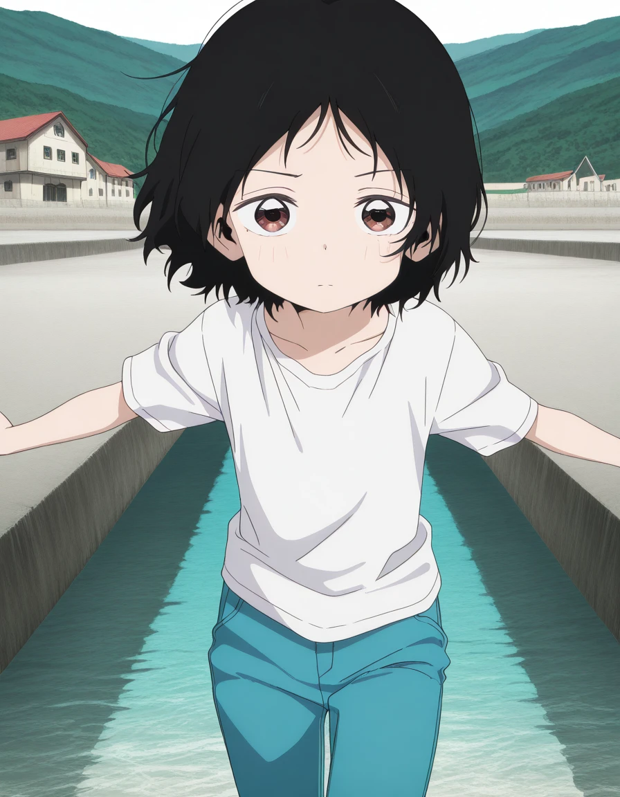 masterpiece, best quality, amazing quality,, <lora:shizuka-kuze-alpha-illustriousxl-lora-nochekaiser:1>, shizuka kuze, short hair, black hair, brown eyes, anime screencap, shirt, white shirt, pants, blue pants, <lora:dynamic-pose-illustriousxl-lora-nochekaiser:1>, dynamic pose, incoming attack, cowboy shot, dam, water, concrete, structure, height, cowboy shot, solo, looking at viewer, <lora:transparent-background-illustriousxl-lora-nochekaiser:1>, transparent background, simple background, white background