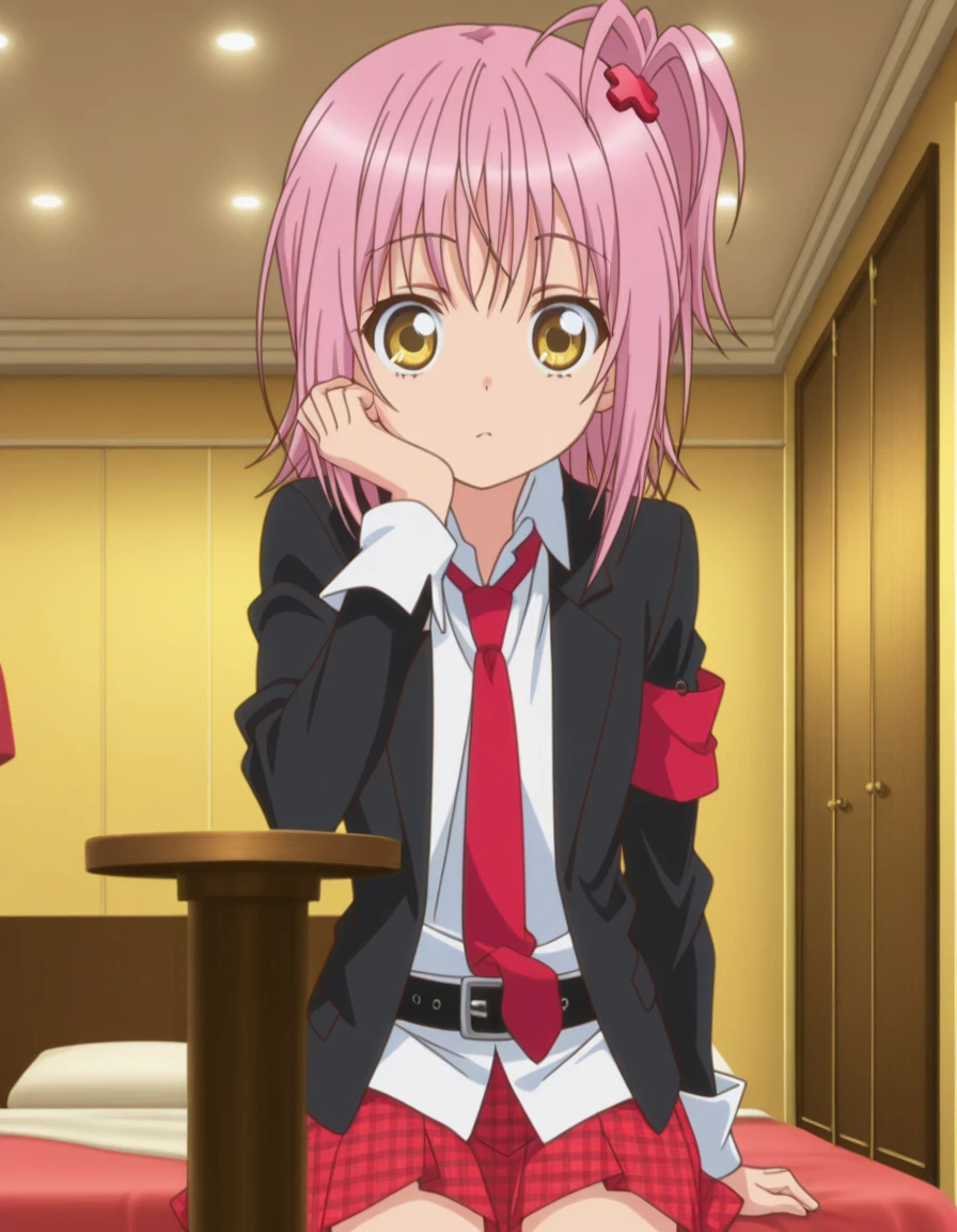 masterpiece, best quality, amazing quality,, <lora:amu-hinamori-s3-illustriousxl-lora-nochekaiser:1>, amu hinamori, short hair, hair ornament, yellow eyes, pink hair, x hair ornament, one side up, side ponytail, anime screencap, skirt, jacket, necktie, belt, plaid, plaid skirt, armband, black blazer, white collared shirt, red necktie,, sitting, elbow rest, table,, hotel, rooms, lobby, guests, beds, cowboy shot, solo, looking at viewer,