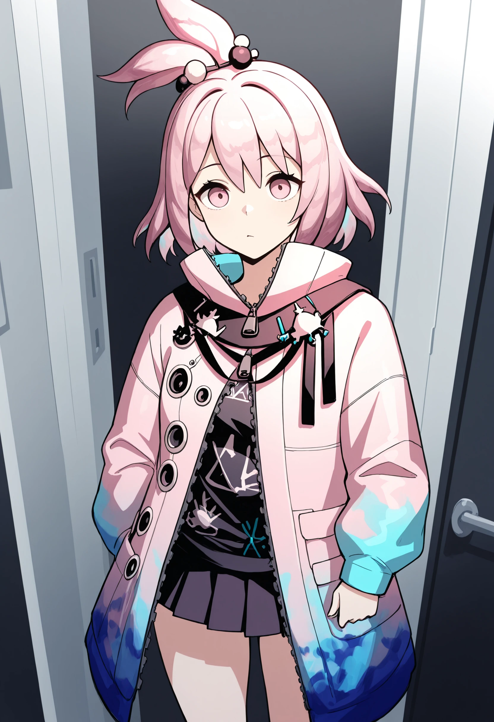 masterpiece,best quality,amazing quality,kirara \(arknights\),pink hair, pink eyes,short hair, hair bobbles,official costume,pink jacket,blue jacket, multicolored jacket, open jacket,long jacket, long sleeves,mini skirt, pleated skirt, black shirt,
<lora:Kirara (Illustrious) v1:1>