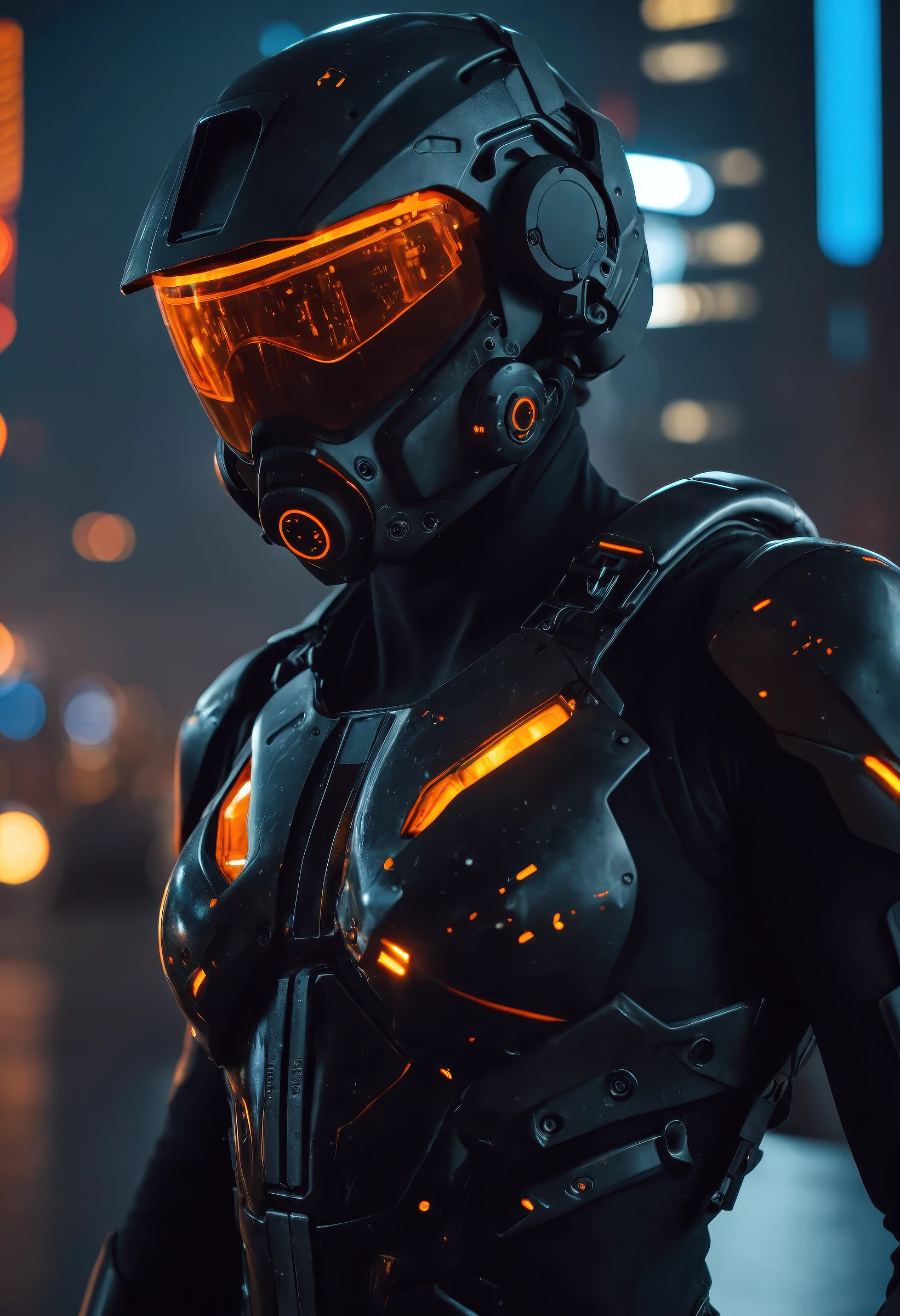 Hyper-detailed, photorealistic close-up portrait of a cybernetic soldier in a high-tech futuristic exosuit, viewed from the front, helmet dominating the frame, designed with sleek, angular, heavily armored plates in black titanium alloy featuring matte and gloss finishes, reinforced breathing mask and visor glowing with internal orange light and reflecting neon city lights, visible micro-reactors, exposed wiring, hydraulic tubing, and glowing orange circuits integrated across the suit, digital warning decals, system diagnostic screens, and HUD overlays built into the chest and visor, orange LED accents shining from beneath armor seams, eye-level composition with shallow depth of field (f/2.0), blurred futuristic cityscape in the background glowing with bokeh lights in cyan and orange hues, dramatic artificial neon lighting casting specular reflections and hard shadows, high-density detail on screws, circuit mesh, atmospheric dust and mist particles, labeled with âSTAJON, â âAK-12, â and âRHU LINKâ for added realism, mood of focused tactical intensity, inspired by Ghost in the Shell and modern sci-fi tactical armor design
