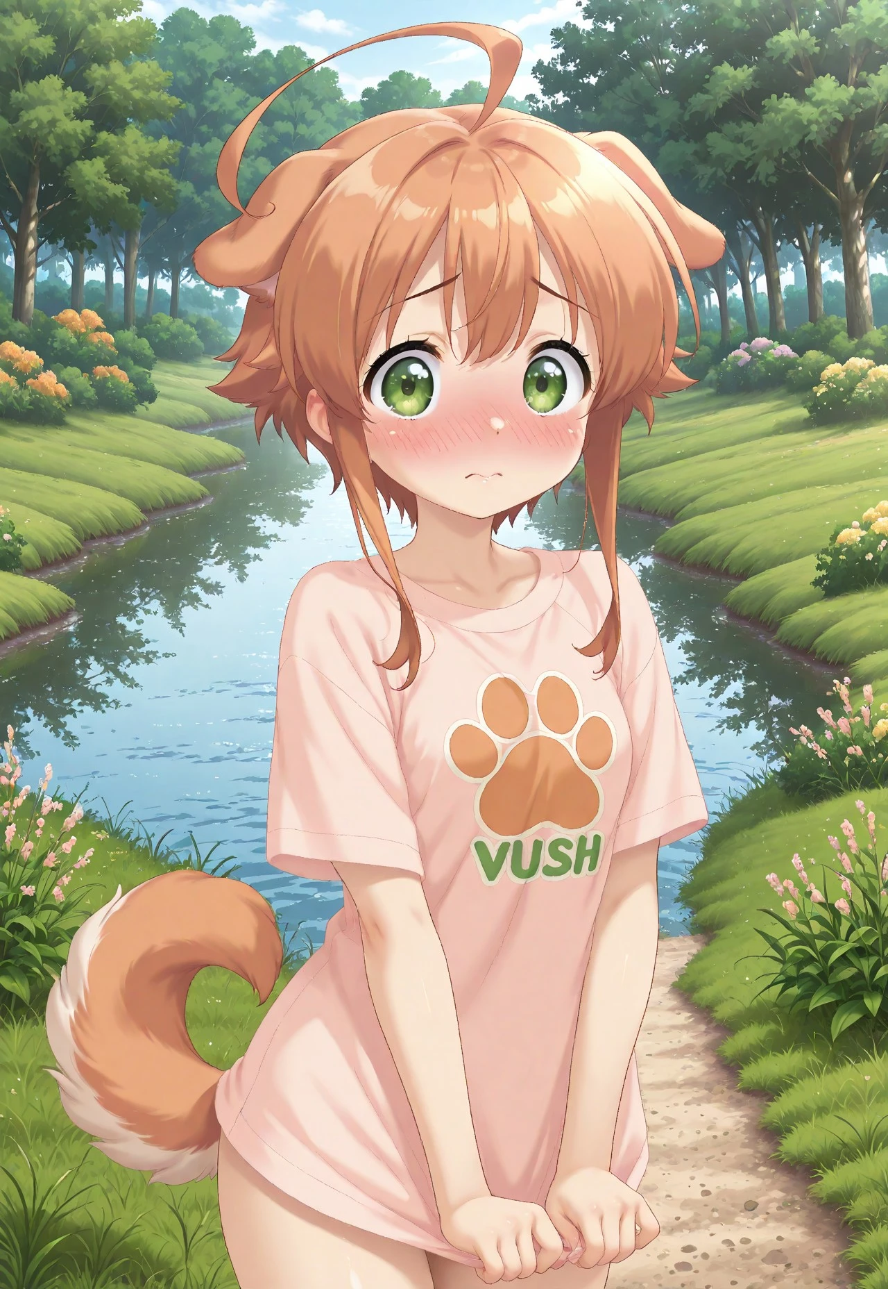 (cutecore, kawaiicore) 1girl, mikan, dog girl, dog tail, short hair, bangs, short hair with long locks, large ahoge, orange hair, green eyes, blushing, full face blushing, white and pale pink paw print shirt, light orange paw print logo on white and pale pink shirt, ((detailed scenery, detailed background)), outside, afternoon, verdant park, marsh, (verdant greenery, trees, lush bushes, grass, grassy lawn, wildflowers, water, lake)