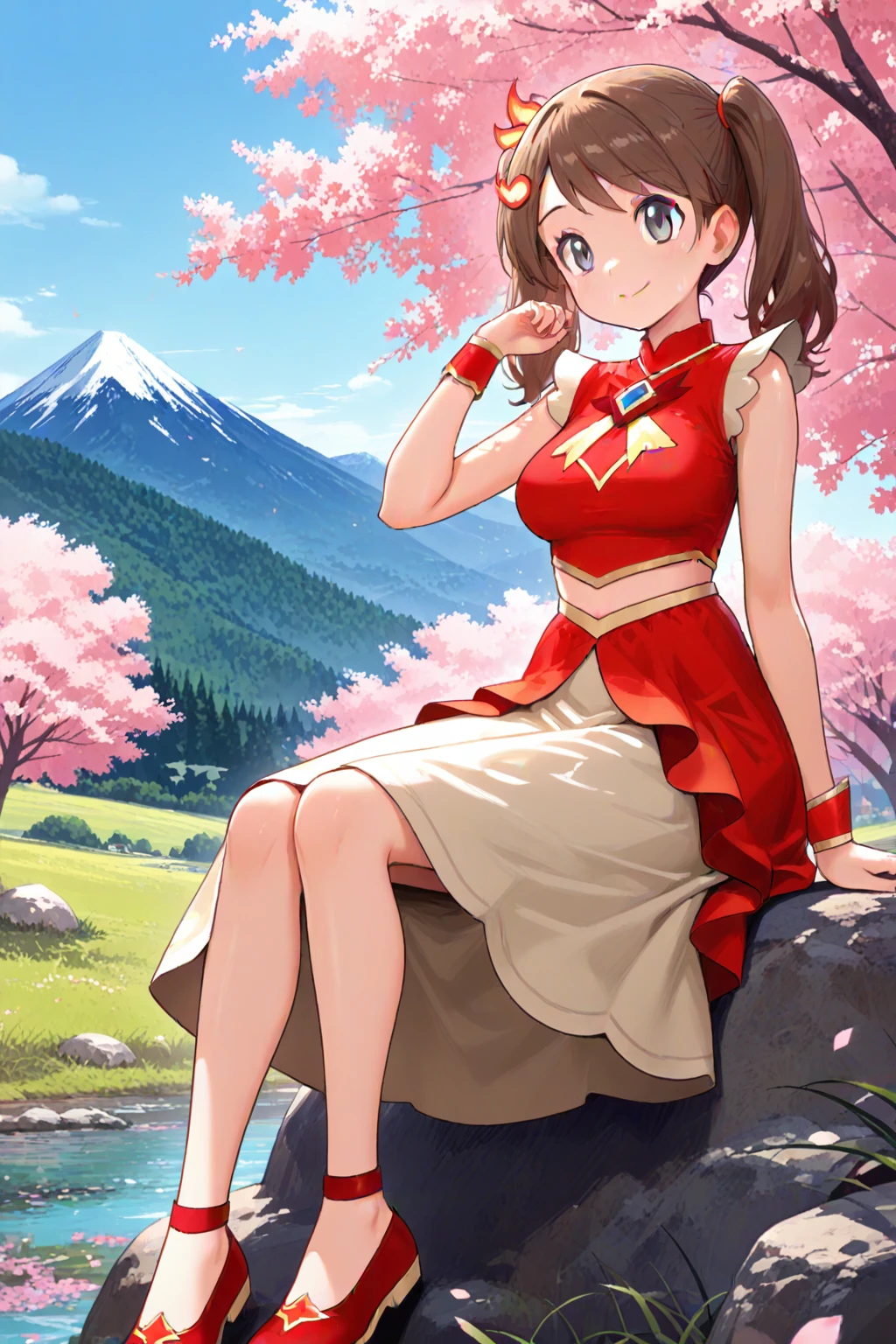 2d, masterpiece, best quality, amazing quality, highres, absurdres, newest, 1girl, solo, sitting, on rock, cherry blossoms, mountain, sunshine, clear sky, colorful, woods, landscape, medium breasts, mature female, sygmay, grey eyes, brown hair, twintails, hair ornament, sleeveless shirt, red shirt, skirt, midriff, wrist cuffs, flats, red footwear