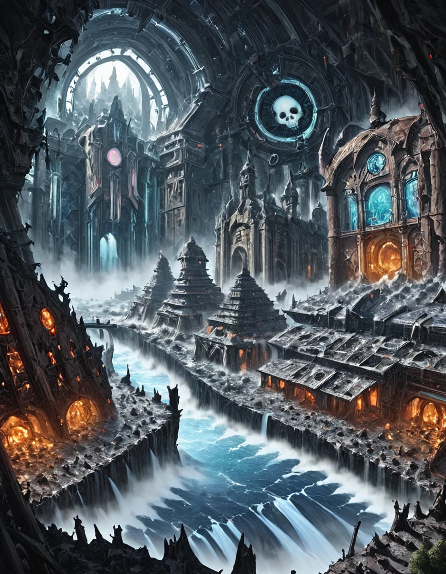 <lora:SWC_SEv2xl:1> Outdoors. EFFY01, epic scale chamber, detailed black robed dark wizard with a skull face, medieval detailed architecture, occult medieval ceremony, stained glass windows,. A striking fusion of futuristic urban development and raw natural power, set in a world where technology and nature intertwine with breathtaking results. The scene unfolds at the edge of a narrow canyon-like river channel, where vibrant, churning turquoise waters crash violently against jagged black and rust-colored rock formations. The waves are immense, almost tidal, sending mist and foam into the air as they surge through the channel beneath towering urban cliffs.Grandiose futuristic arched cathedral architecture nestled above the surface of a richly clouded planet, which dominates the left half of the background with its sweeping curvature. The architectural style is consistent with a sleek and hyper-advanced civilization, employing an immense network of megastructures characterized by smooth metallic exteriors, long tubular connectors, and dome-like features that suggest both habitation zones and control centers.
EFFD03, asian, traditional Japanese print on brushed rusty metal, epic scale scenery, brown, light brown, black, skull, spirits, dirty brushed varnish,
fantasy, green, T8, forest, trees, mist,, surrealism,