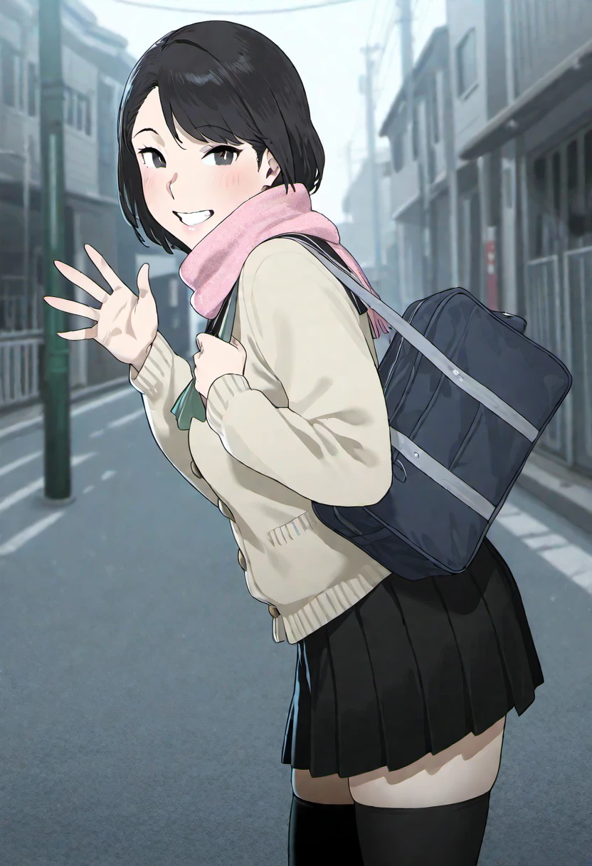 1girl,mikamori_tsugumi,black hair,black eyes,short hair,asymmetrical_bangs ,<lora:mikamori_tsugumi:0.8>,school uniform,beige cardigan,pink scarf,pleated skirt,black thighhighs,blush,smile,teeth,leaning to the side, utility_pole,waving,looking at viewer,holding school bag,street,from side,outdoors,solo