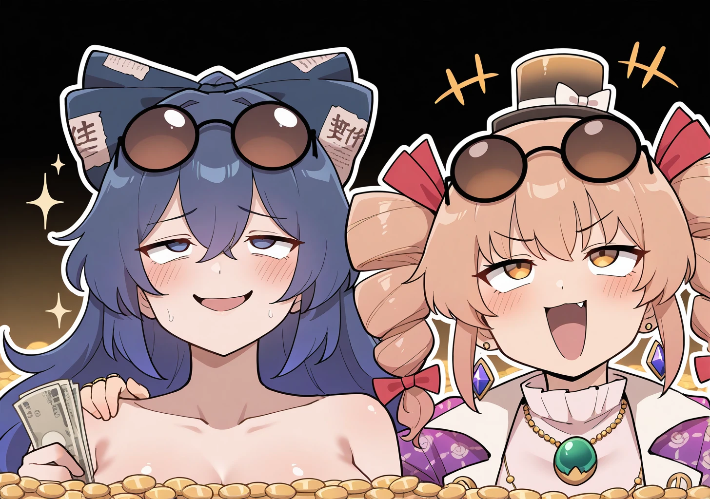 masterpiece, best quality, absurdres, perfect lighting,shiny skin,<lora:jiroo:1>,jiroo,2girls,side_by_side,yorigami shion,yorigami jo'on,sparkle print dress,gold coin, gold, jewelry, gem, hand on another's shoulder, v, smile,laughing,open mouth, eyewear on head, sunglasses, bathing,<lora:money_bath-10:1>,looking up, laughing, open mouth,happy, black background, glowing,+++,evil smile,holding money, money,