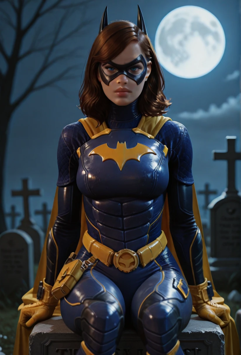 masterpiece, best quality, insaneres, absurdres,sitting, full moon, graveyard, grave, tombstone, moonlight, depth of field, solo, looking at viewer, <lora:ILLUSTXL_GothamKnights_Batgirl_ownwaifu:1>, BREAK BodySuit_GothamKnights_Batgirl_ownwaifu, 1girl, 3d, blue eyes, brown hair, eyelashes, medium hair, nose, superhero, domino mask, lips, yellow cape, animal ears, yellow gloves, medium breasts, armor, utility belt, belt, cape, gloves, horns, yellow belt, blue bodysuit, breasts, swept bangs, photorealistic, mask, makeup, leather, power armor, skin tight, large breasts, lipstick, spandex, belt buckle, belt pouch, breastplate, capelet, shoulder armor,