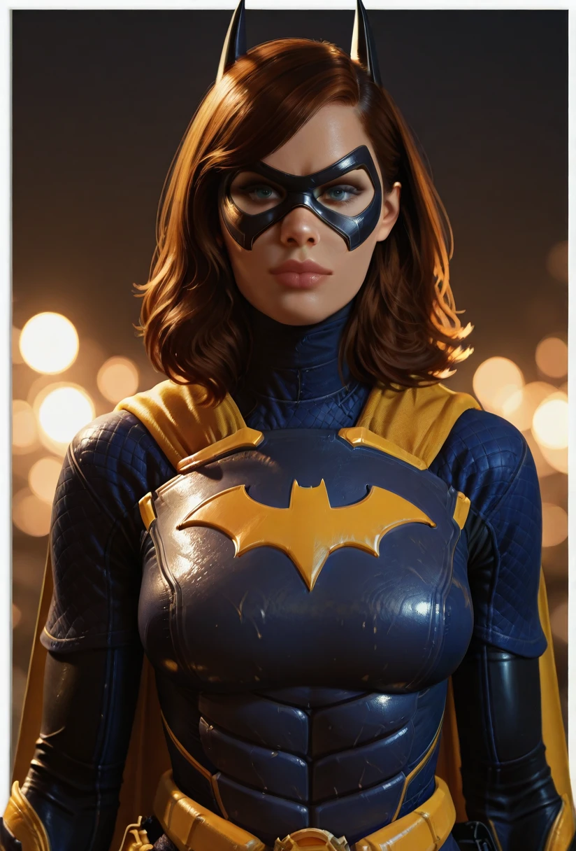 masterpiece, best quality, insaneres, absurdres,portrait, head tilt, straight-on, white border, bokeh, solo, looking at viewer, <lora:ILLUSTXL_GothamKnights_Batgirl_ownwaifu:1>, BREAK BodySuit_GothamKnights_Batgirl_ownwaifu, 1girl, 3d, blue eyes, brown hair, eyelashes, medium hair, nose, superhero, domino mask, lips, yellow cape, animal ears, yellow gloves, medium breasts, armor, utility belt, belt, cape, gloves, horns, yellow belt, blue bodysuit, breasts, swept bangs, photorealistic, mask, makeup, leather, power armor, skin tight, large breasts, lipstick, spandex, belt buckle, belt pouch, breastplate, capelet, shoulder armor,