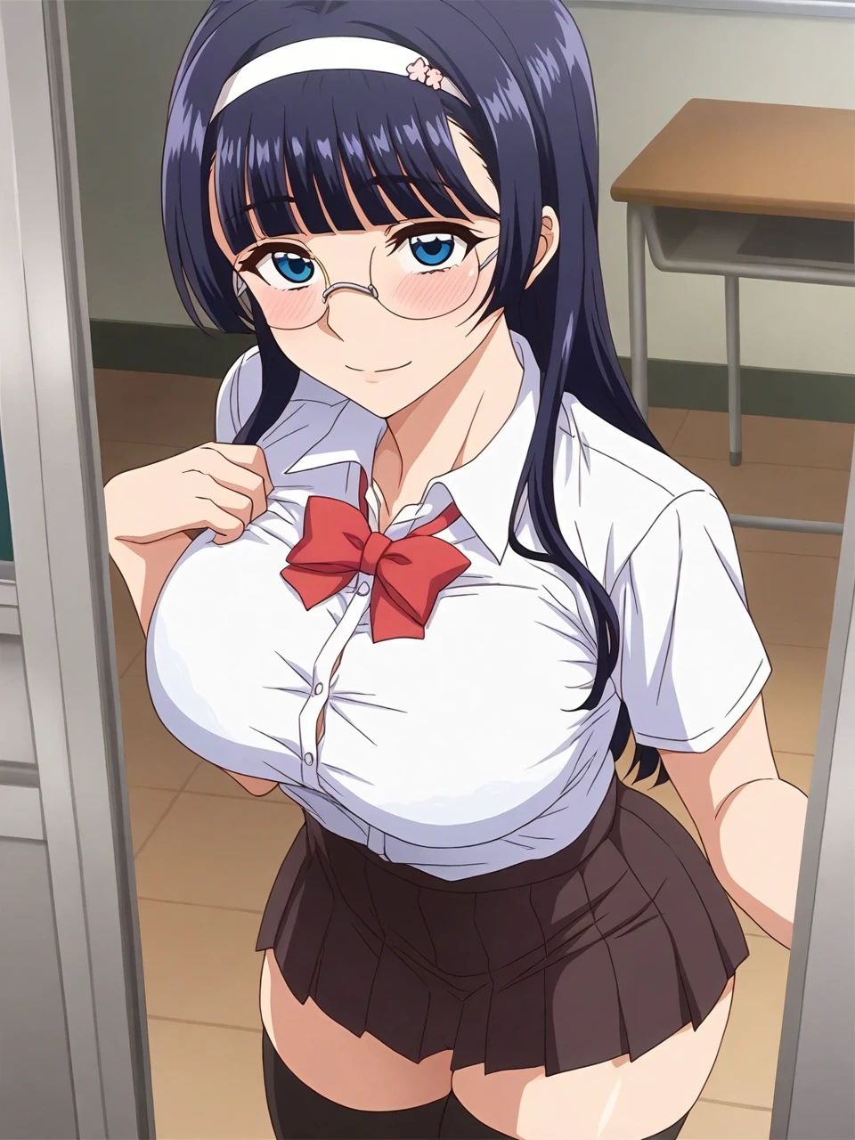 (front、background bokeh:1.4)、(School、classroom)、(kiss face、Close ~ eyes)、Super detailed illustrations、Super precise expression、masterpiece、highest quality、ultra High resolution、High resolution、Support your chest with your arms、(big breasts、Sweat、body fluid、shiny skin:1.4)、((Glasses))、(black hair、long hair、Braid、Patsun bangs)、(embarrassed face:1.5)、Standing picture、(sailor suit, Navy blue miniskirt,knee socks ), (Mommyfy)、(table sex、crotch rub
masturbation)