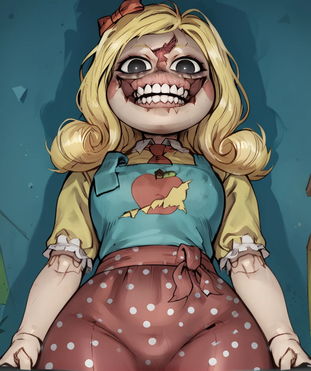 score_9, score_8_up, score_7_up, score_6_up, score_5_up, score_4_up,
mssdlghtxl, black eyes, blonde hair, single hair bow, teeth, face injury,
necktie, yellow shirt, apron, polka dot skirt,
standing, looking at viewer, from below, hips,
colored walls, shadows, night,
solo,
<lora:missdelightXL:1>,