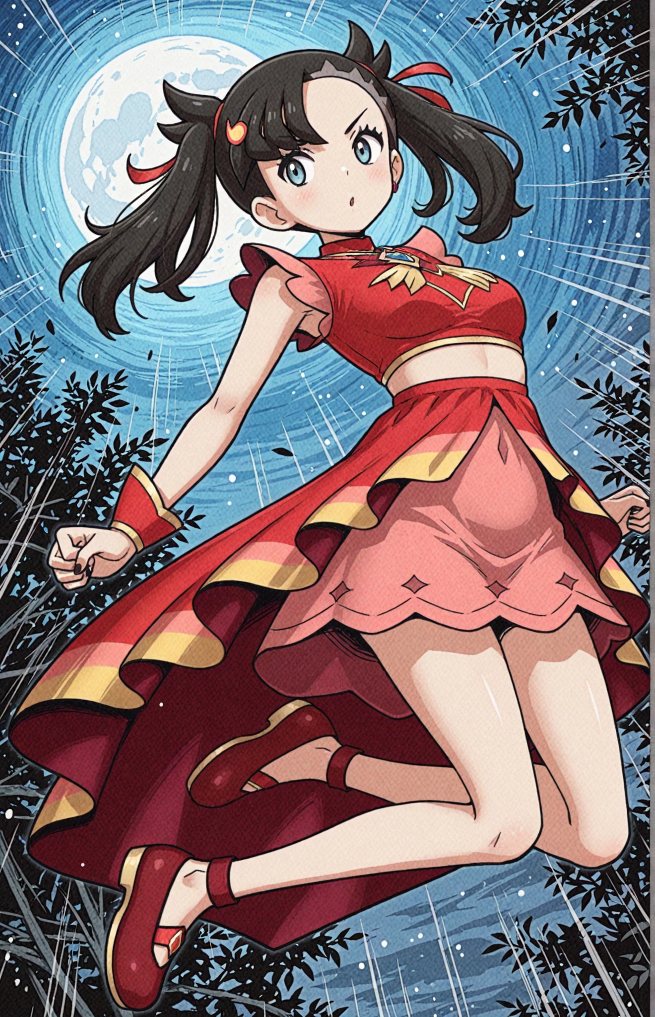 simple background, traditional media, sketch, detailed lines, sketch, manga style , pencil sketch style, soft shading, soft delicate features, 2d, masterpiece, best quality, amazing quality, highres, absurdres, newest, 1girl, solo, jumping, night, moonlight, sky, medium breasts, mature female, marnie \(pokemon\), black hair, asymmetrical bangs, black nails, hair ornament, sleeveless shirt, red shirt, skirt, midriff, wrist cuffs, flats, red footwear, red showgirl skirt, white miniskirt