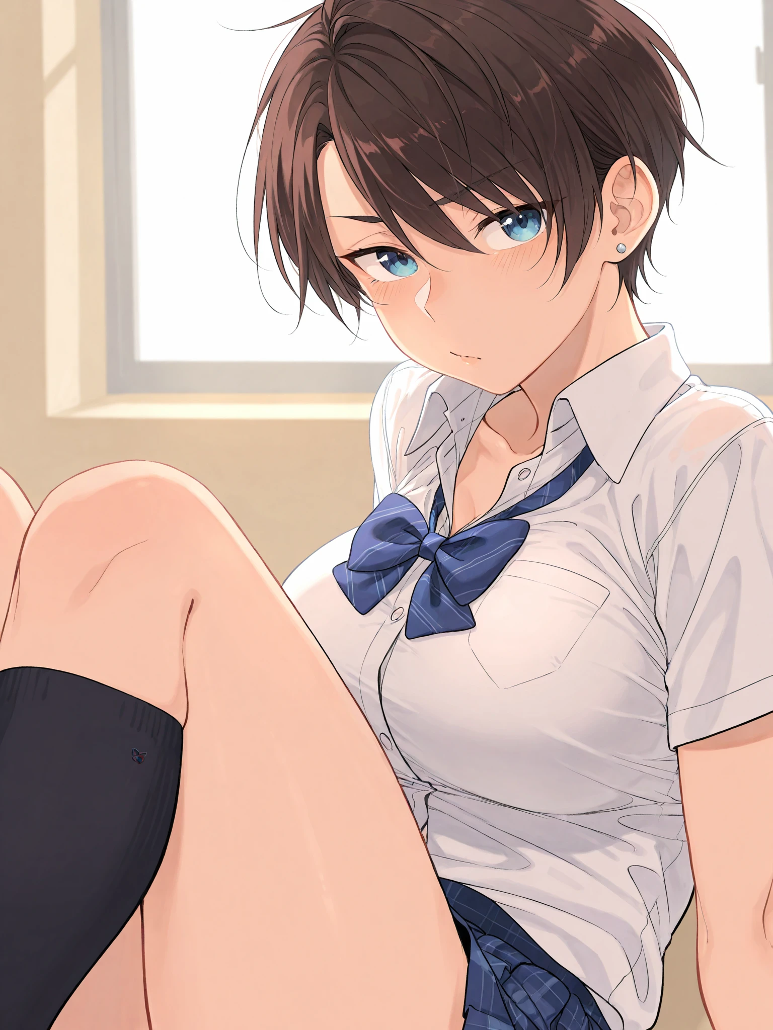 ((highest quality)), ((masterpiece)), (be familiar with), perfect face,look down here,black hair,short hair,light blue eyes,slightly open mouth,sleeveless blouse,buttoned blouse,Tight Skirt,I can see my underwear,stockings,black stocking,bedroom,Place your hands on the sides of your body,open your legs a little,open your legs a little,Highly viscous liquid dripping from the crotch,excited look,lewd,