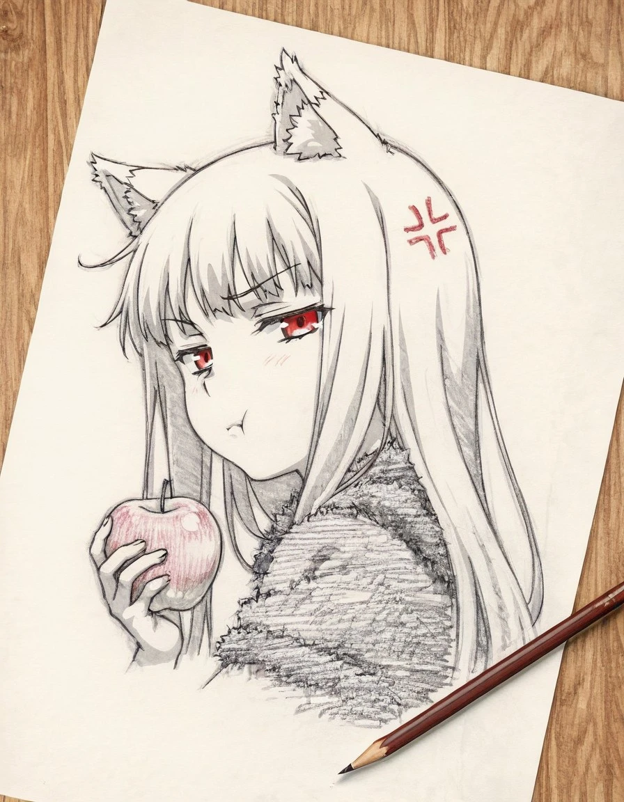 <lora:illustriousXLv01_stabilizer_v1.186:0.8>pencil drawing on paper,black and white,1girl,holo,red eyes,half-closed eyes,long hair,pout,upper body,portrait,turning head,anger vein,looking at viewer,holding an apple,[:masterpiece:0.1],