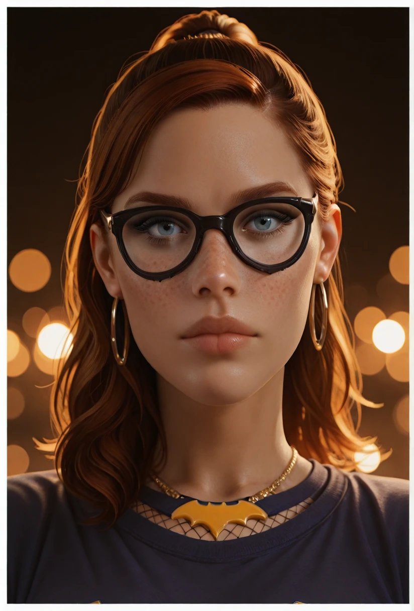 masterpiece, best quality, insaneres, absurdres,portrait, head tilt, straight-on, white border, bokeh, solo, looking at viewer, <lora:ILLUSTXL_GothamKnights_Batgirl_ownwaifu:1>, BREAK Tshirt_GothamKnights_Batgirl_ownwaifu, 1girl, 3d, black-framed eyewear, blue eyes, brown hair, eyelashes, hoop earrings, jewelry, lips, medium hair, necklace, nose, photorealistic, blue shirt, fishnets, forehead, freckles, ponytail, purple shirt,
