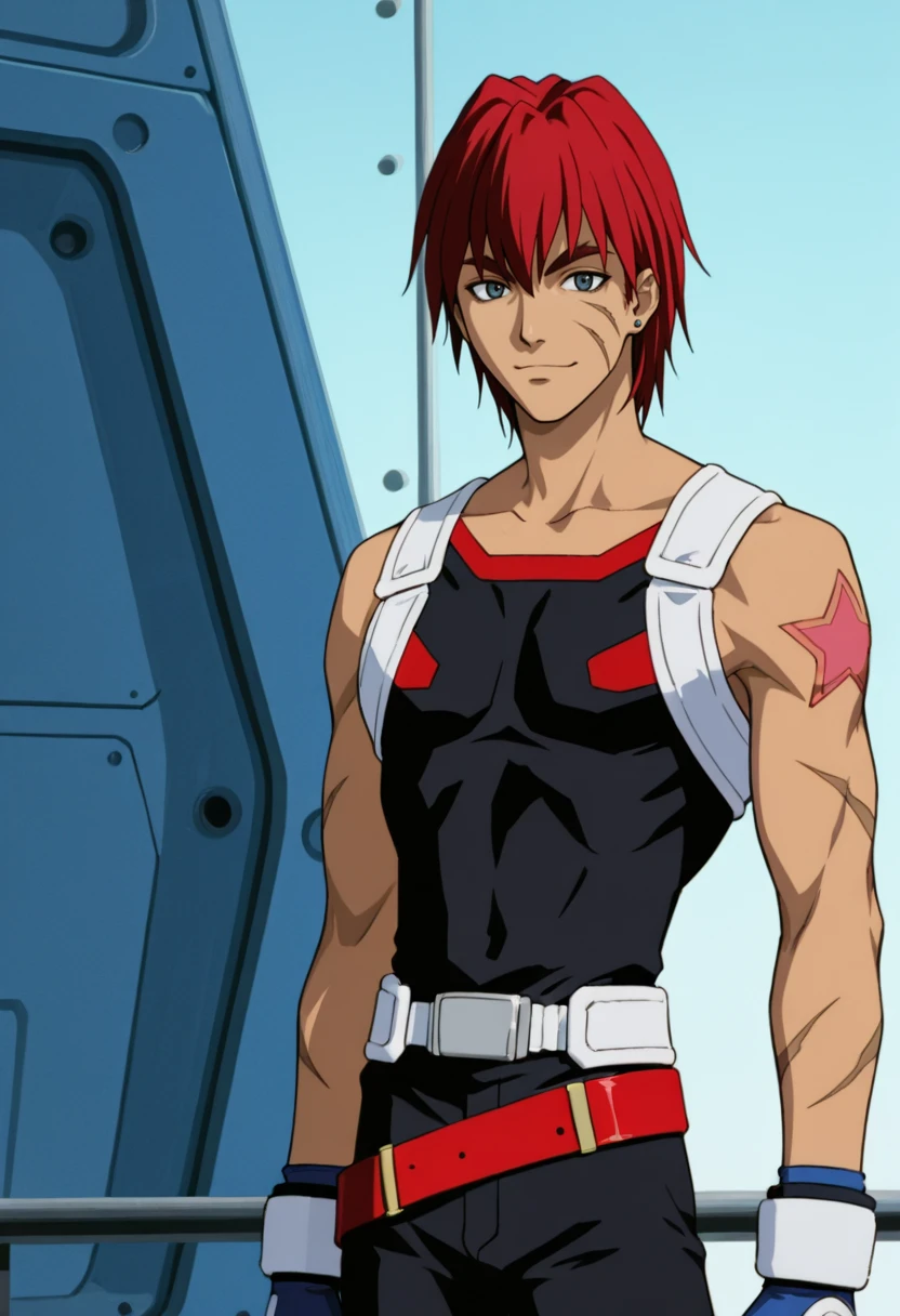 GeneStarwind, GeneOS, 1boy, solo, red_hair, blue_eyes, scar, thick_eyebrows, bangs, sleeveless_shirt, black_shirt_red_trim, white_shoulder_straps, white_belt, red_belt, blue_gloves, white_bracers, arm_tattoo, red_star_tattoo, blue_stud_earrings, black_pants_red_stripes, dark-skinned_male, <lora:Gene Starwind:1>, upper body,