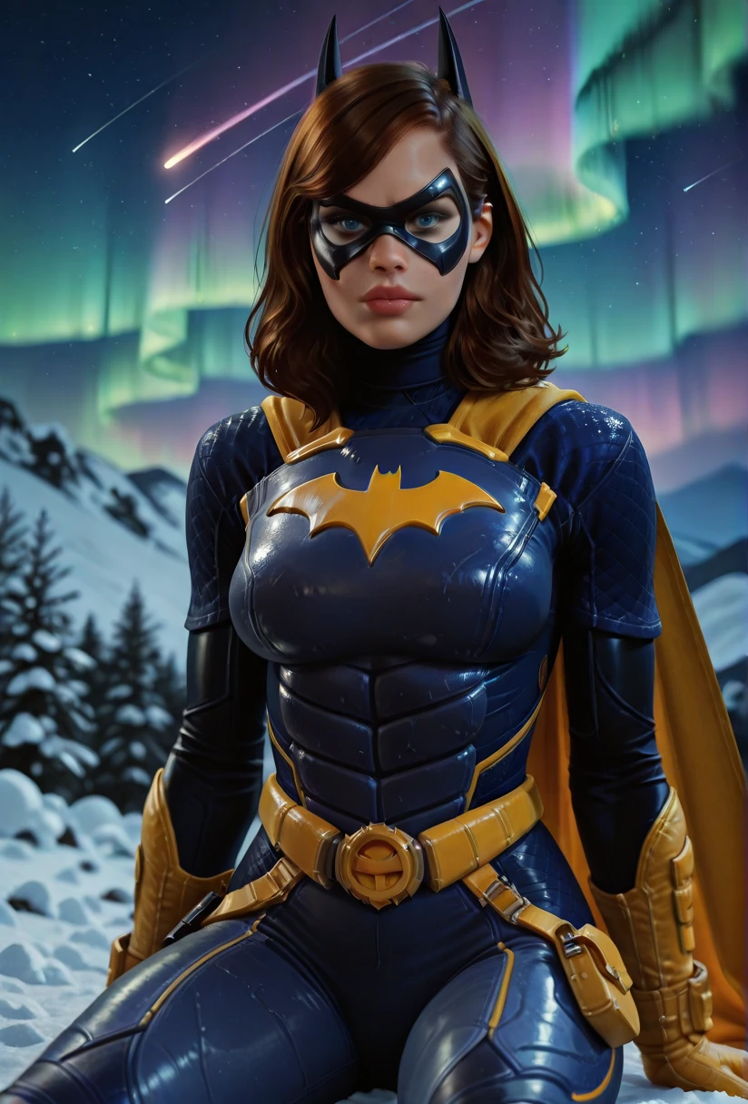masterpiece, best quality, insaneres, absurdres,sitting, aurora, shooting star, star \sky\, winter, snow, night, scenery, outdoors, depth of field, solo, looking at viewer, <lora:ILLUSTXL_GothamKnights_Batgirl_ownwaifu:1>, BREAK BodySuit_GothamKnights_Batgirl_ownwaifu, 1girl, 3d, blue eyes, brown hair, eyelashes, medium hair, nose, superhero, domino mask, lips, yellow cape, animal ears, yellow gloves, medium breasts, armor, utility belt, belt, cape, gloves, horns, yellow belt, blue bodysuit, breasts, swept bangs, photorealistic, mask, makeup, leather, power armor, skin tight, large breasts, lipstick, spandex, belt buckle, belt pouch, breastplate, capelet, shoulder armor,