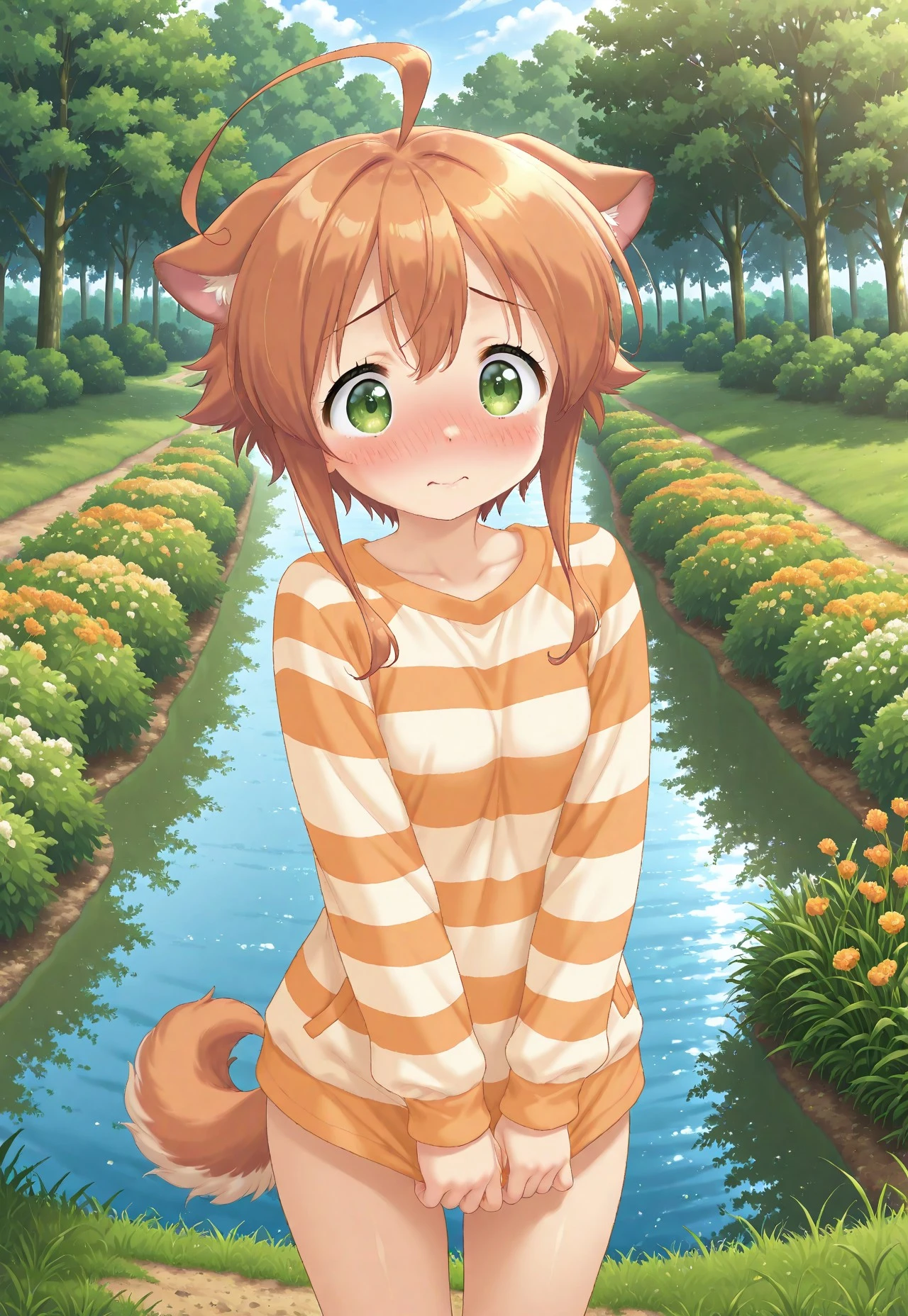 (cutecore, kawaiicore) 1girl, mikan, dog girl, dog tail, short hair, bangs, short hair with long locks, large ahoge, orange hair, green eyes, blushing, full face blushing, orange and white striped shirt, long sleeves, ((detailed scenery, detailed background)), outside, afternoon, verdant park, marsh, (verdant greenery, trees, lush bushes, grass, grassy lawn, wildflowers, water, lake)