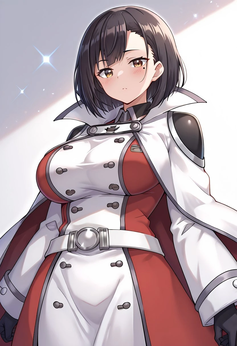 KonosubaFantasticDays-Liver020, lazympos, masterpiece, best quality, amazing quality, rays light, particles of light, front shot cinematic angle, white background, simple background, shiny skin, BREAK serena-liver020, 1girl, solo, black hair, short hair, black gloves, big breasts, white belt, bangs, long cape, white cape, buttons, brown eyes, mole under eye, long coat, white and red coat, multicolored coat, white sleeves, black shoulder pads, cowboy shot, red coat