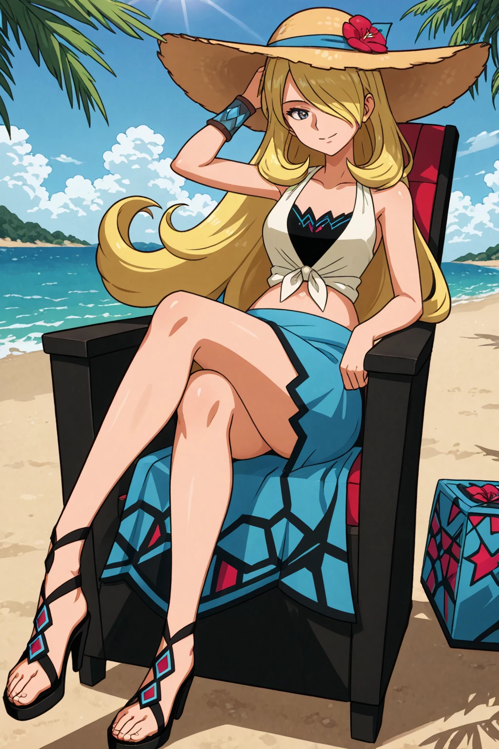 masterpiece, best quality, anime art style, Liliana, ((shoulder-length wavy blonde hair)), blue eyes, (((big breasts))), (((orange bikini))), playing on the beach, navel uncovered, chest in sight, legs in the sand, (((full body sensual)))