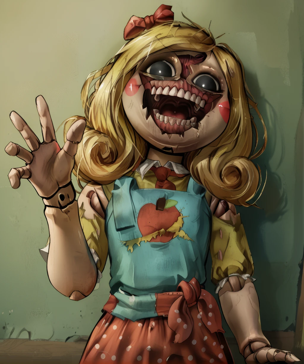 score_9, score_8_up, score_7_up, score_6_up, score_5_up, score_4_up,
mssdlghtxl, black eyes, blonde hair, single hair bow, teeth, doll joints,
necktie, dress, from below, open mouth, blush_stickers,
looking at viewer, standing, waving, skirt,
indoors, colored walls, shadows,
solo,
<lora:missdelightXL:1>,