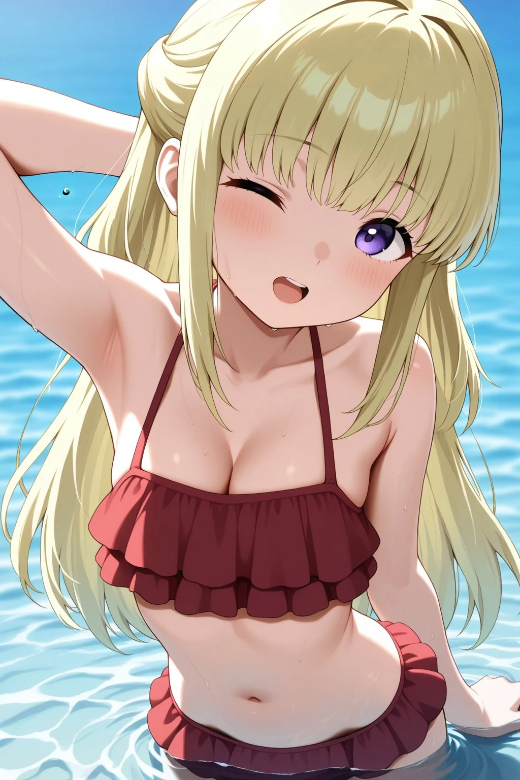 nsfw,best quality, beautiful detailed eyes,fate,1girl, Illya,White Micro Bikini,embarrassed,small breast,outdoor,beach, open mouth