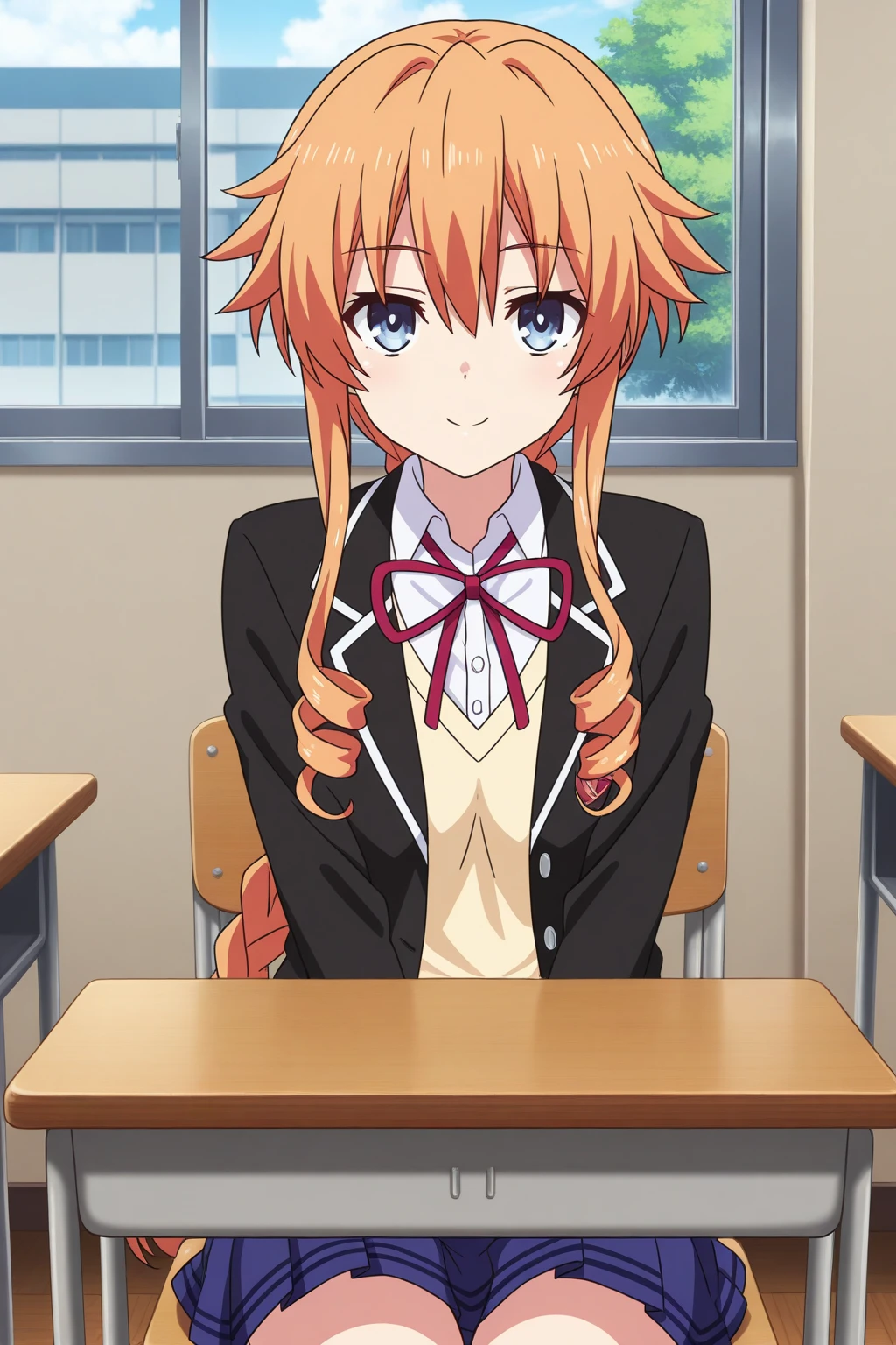 very awa, (vivid colors), detailed eyes, shining eyes, masterpiece, best quality, ultra-detailed, (8k), (hdr), (ultra-detailed), absurdres, looking at viewer, solo, 1girl, girl, indoors, classroom, day, smile, aayuzuru, blue eyes, orange hair, braided ponytail, drill hair, yuzuruschool, school uniform, red neck ribbon, white dress shirt, yellow sweater vest, black blazer, blue skirt, pleated skirt, anime coloring, ((sitting at desk, on chair, cowboy shot))