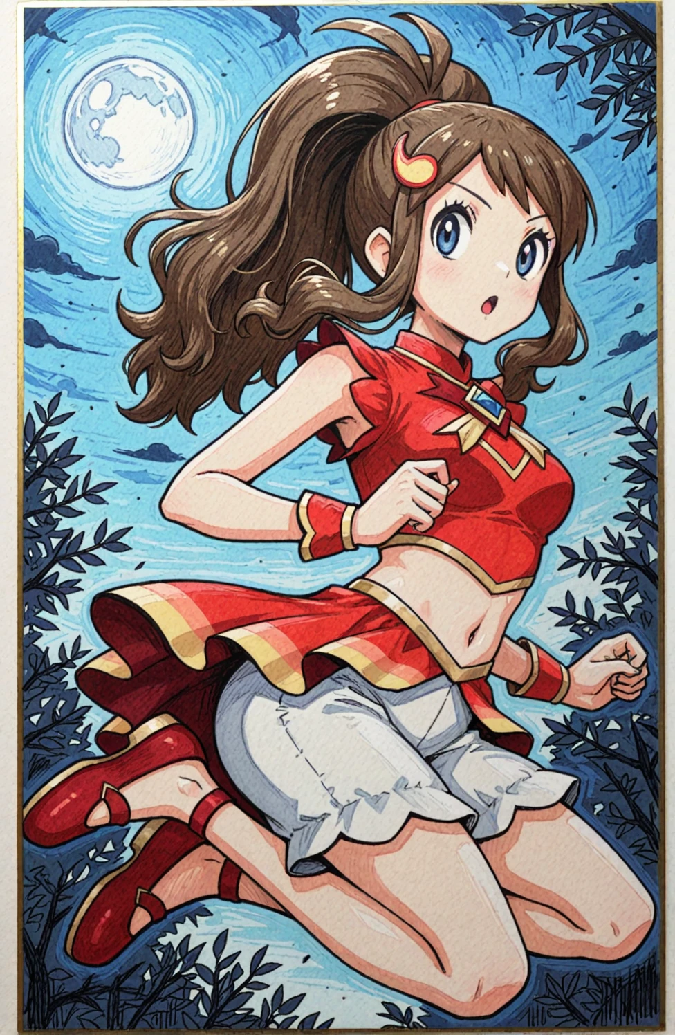 simple background, traditional media, sketch, detailed lines,  sketch, manga style , pencil sketch style, soft shading, soft delicate features, 2d, masterpiece, best quality, amazing quality, highres, absurdres, newest, 1girl, solo, jumping, night, moonlight, sky, medium breasts, mature female, hilda \(pokemon\), brown hair, high ponytail, antenna hair, blue eyes, hair ornament, sleeveless shirt, red shirt, skirt, midriff, wrist cuffs, flats, red footwear