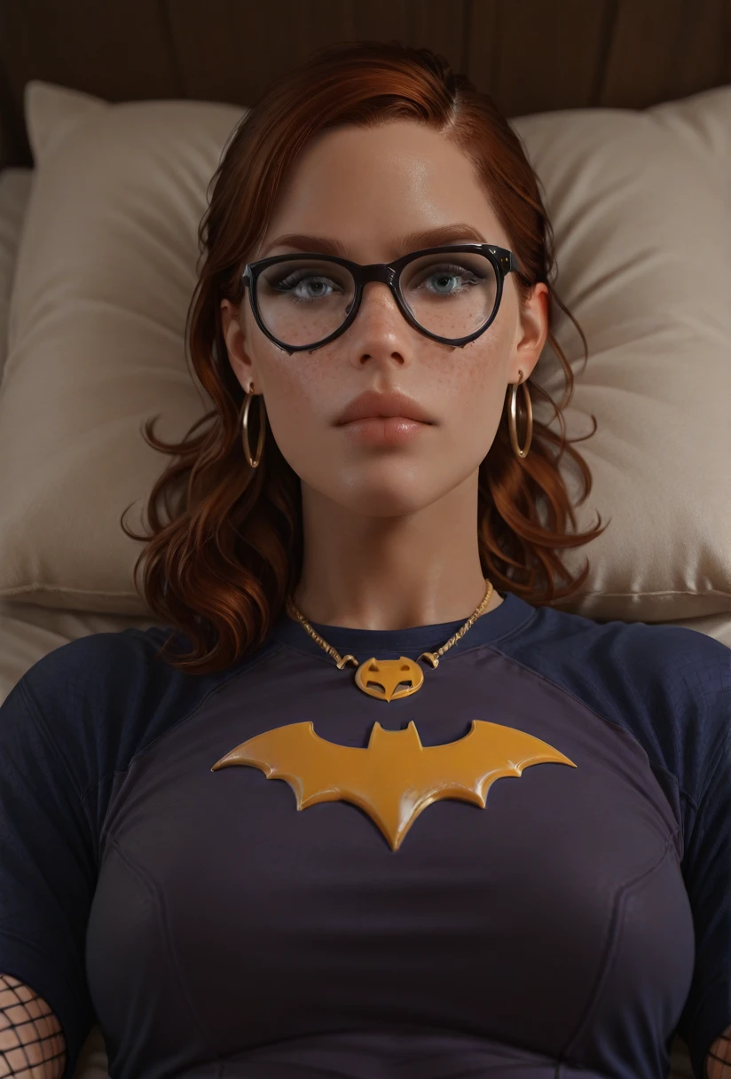 masterpiece, best quality, insaneres, absurdres,lying, on bed, on back, pillow, from above, indoors, depth of field, solo, looking at viewer, <lora:ILLUSTXL_GothamKnights_Batgirl_ownwaifu:1>, BREAK Tshirt_GothamKnights_Batgirl_ownwaifu, 1girl, 3d, black-framed eyewear, blue eyes, brown hair, eyelashes, hoop earrings, jewelry, lips, medium hair, necklace, nose, photorealistic, blue shirt, fishnets, forehead, freckles, ponytail, purple shirt,