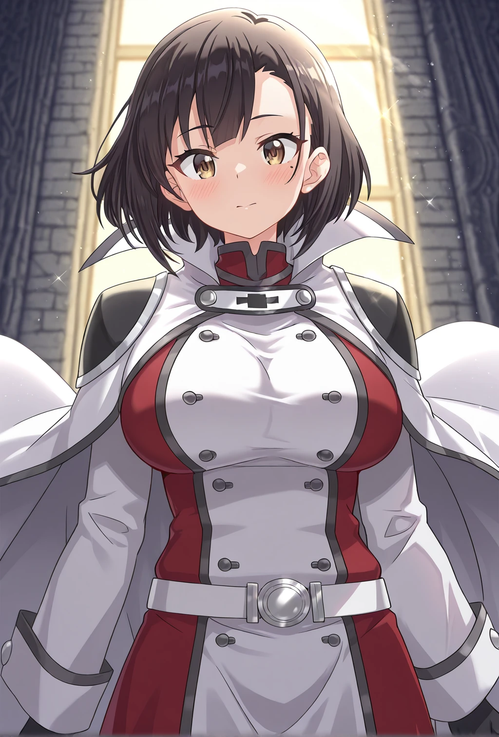 KonosubaFantasticDays-Liver020, SnaxyByte, masterpiece, best quality, amazing quality, rays light, particles of light, front shot cinematic angle, detailed background, beautiful background, shiny skin, Serena-Liver020, 1girl, solo, bangs, black hair, short hair, black gloves, large breasts, white belt, long cape, white cape, red high collar, buttons, brown eyes, mole under eye, long coat, white and red coat, multicolored coat, white sleeves, black shoulder pads, cowboy shot, red coat