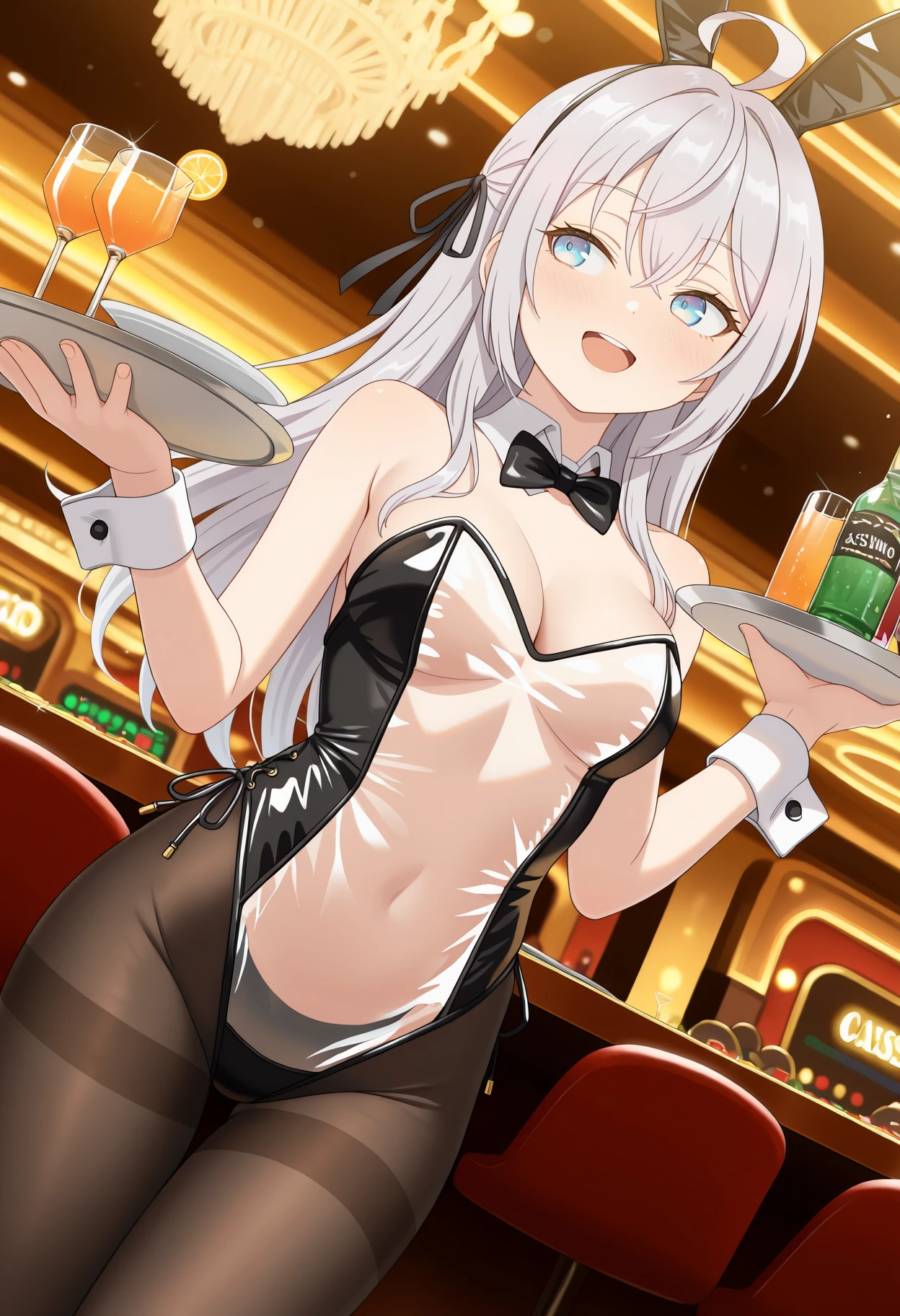 NSFW,masterpiece,Highest quality,High resolution,Very detailed,white\(no game No life\),Small breasts,ponytail,Bunny ears,Playboy Bunny,casino,Holding Tray,Dissatisfied face,blush,Service