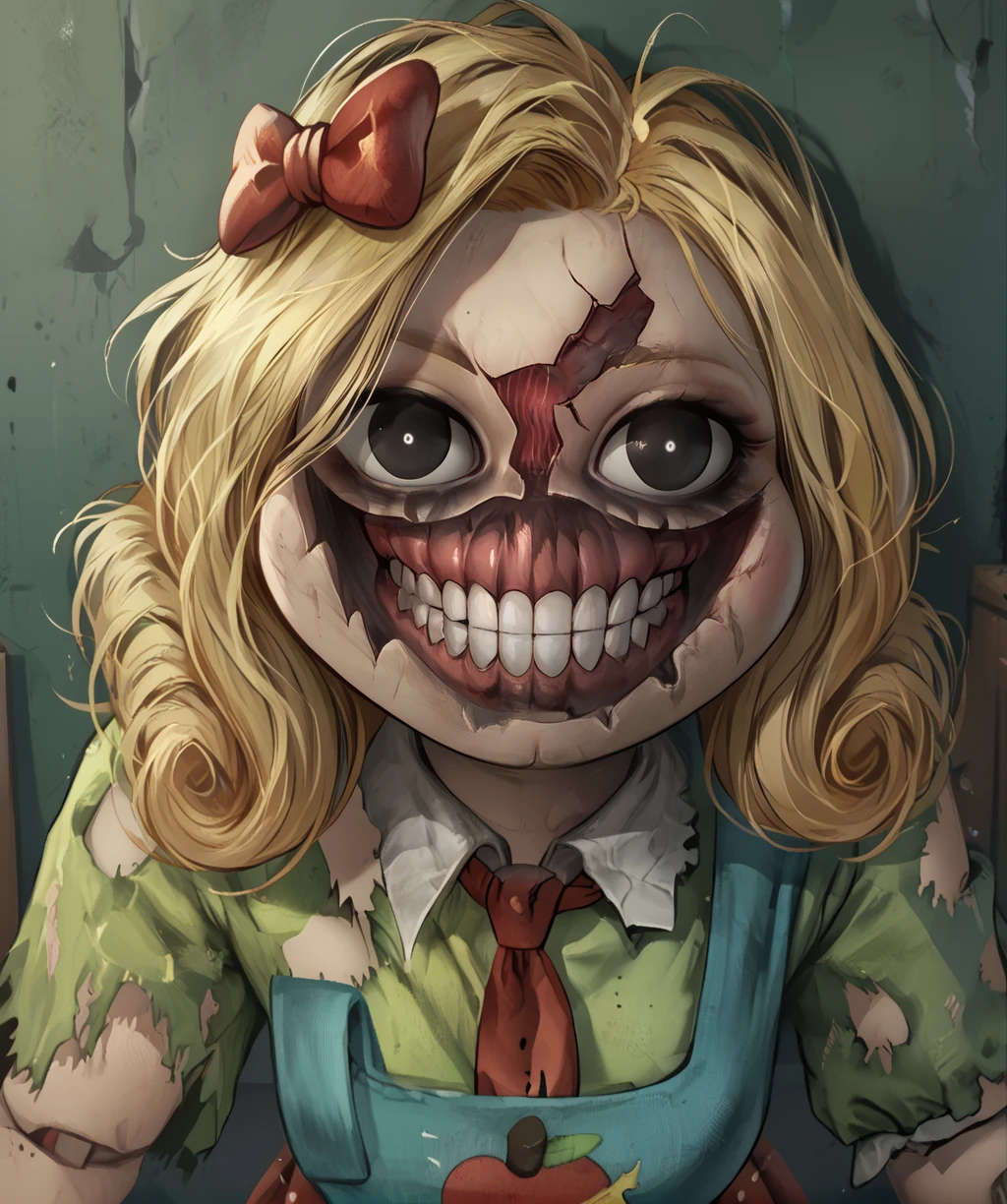 score_9, score_8_up, score_7_up, score_6_up, score_5_up, score_4_up,
mssdlghtxl, black eyes, blonde hair, single hair bow, teeth,
torn clothes, necktie, dress,
upper body, looking at viewer, close up,
indoors, colored walls, shadows,
solo,
<lora:missdelightXL:1>,