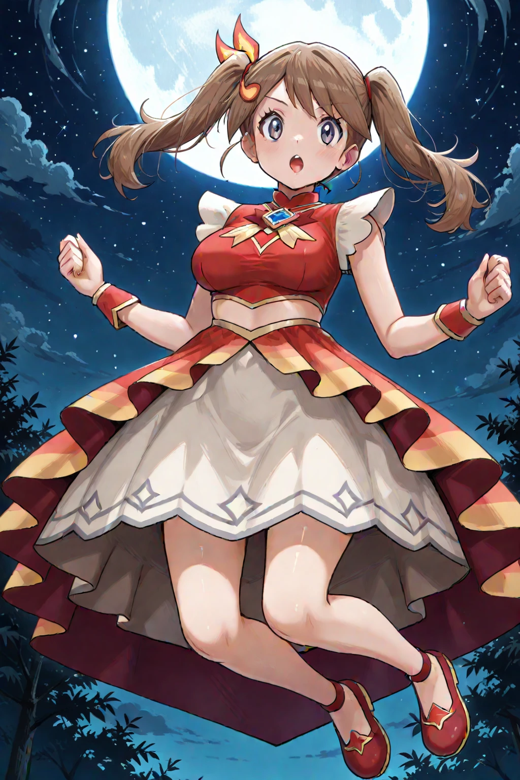2d, masterpiece, best quality, amazing quality, highres, absurdres, newest, 1girl, solo, jumping, night, moonlight, sky, medium breasts, mature female, adult body, grown-up, sygmay, grey eyes, brown hair, twintails, hair ornament, sleeveless shirt, red shirt, skirt, midriff, wrist cuffs, flats, red footwear