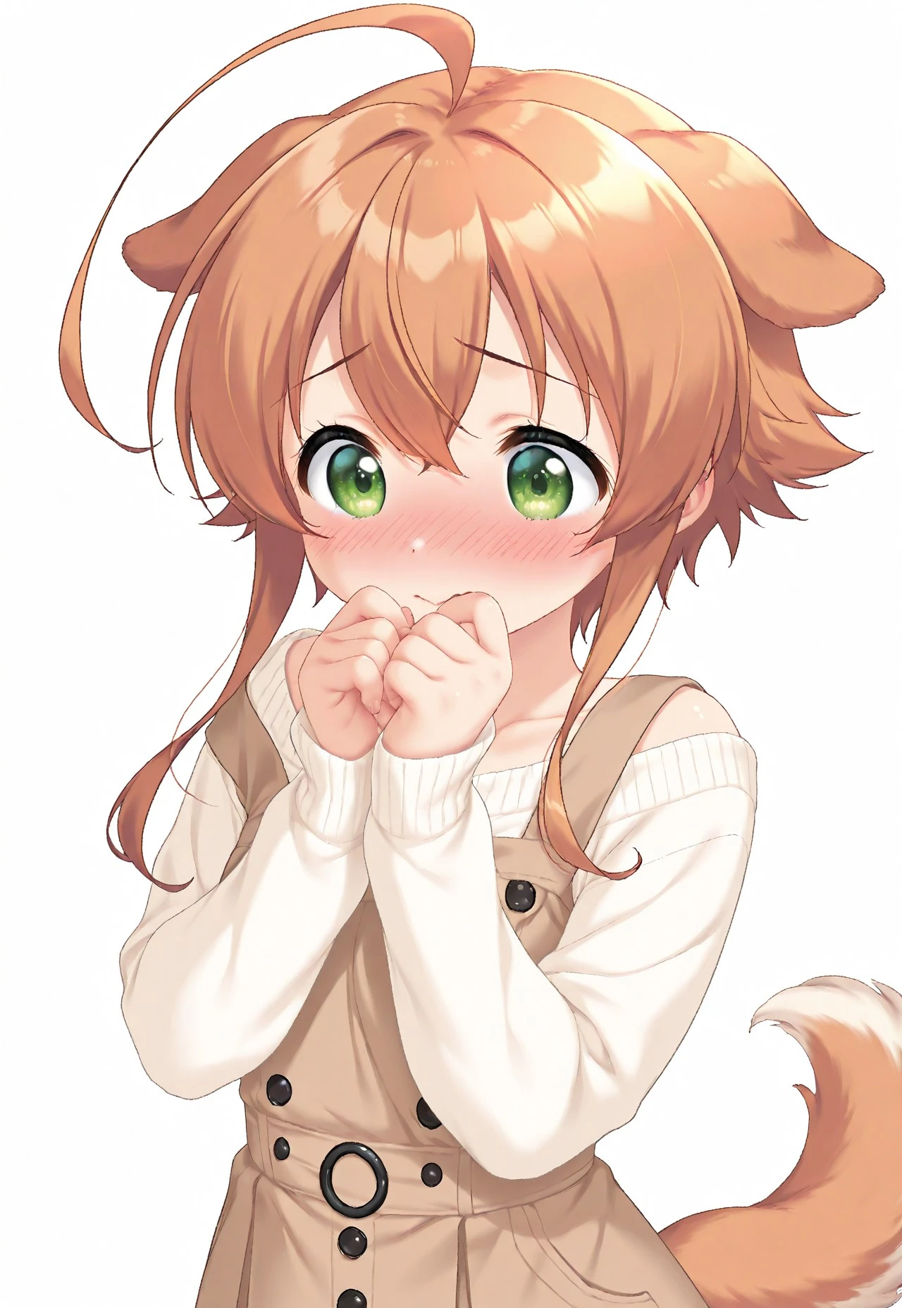 (cutecore, kawaiicore) 1girl, mikan, dog girl, dog tail, short hair, bangs, short hair with long locks, large ahoge, orange hair, green eyes, blushing, full face blushing, white off shoulder sweater, long sleeves, light brown pinafore dress, buttons, black buttons