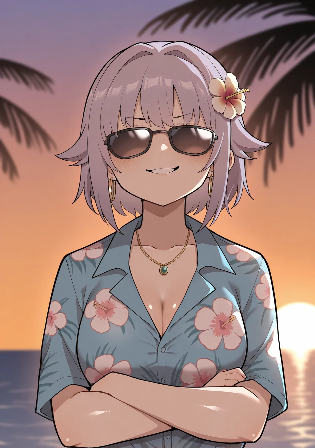 masterpiece, best quality, absurdres, perfect lighting,shiny skin,<lora:jiroo:1>,jiroo,1girl,koshimizu sachiko,hawaiian shirt,sunglasses,smirk, crossed arms,depth of field, ocean,palm tree, necklace, hair flower,hoop earrings,sunset,