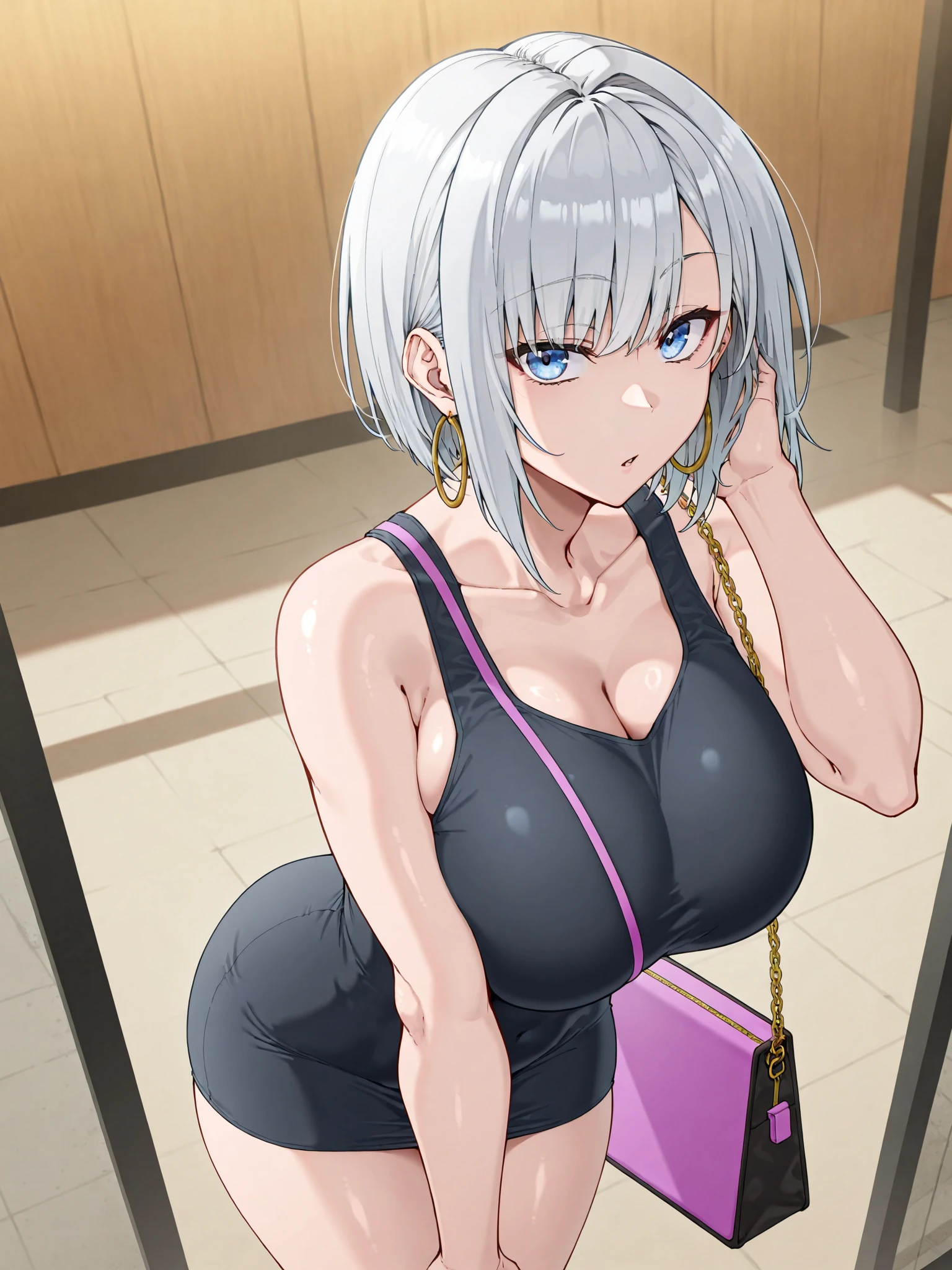 (1girl),big breast,absurdres,best quality,very aesthetic,absurdres,bra,(light silver White hair),Thighs,(purple bra),(straight-on),legs,(officeready:1)