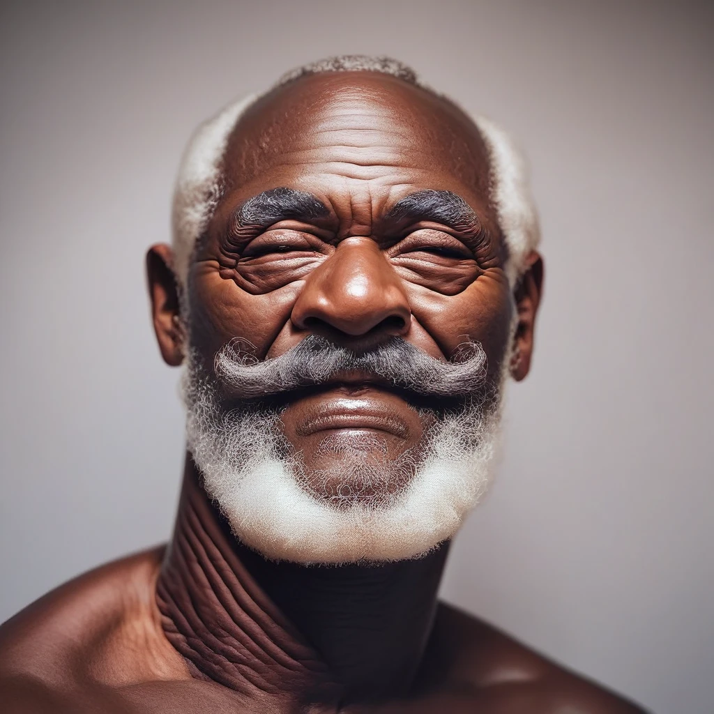 black old man, white  hair, muscled body, amber eyes, extremely sexy, wearing no shirt, smiling smugly, hairy chest, sex symbol, appealing, thin white beard, defined jaw, six pack abs, rectangular face, double chin, thick lips, stylish haircut.