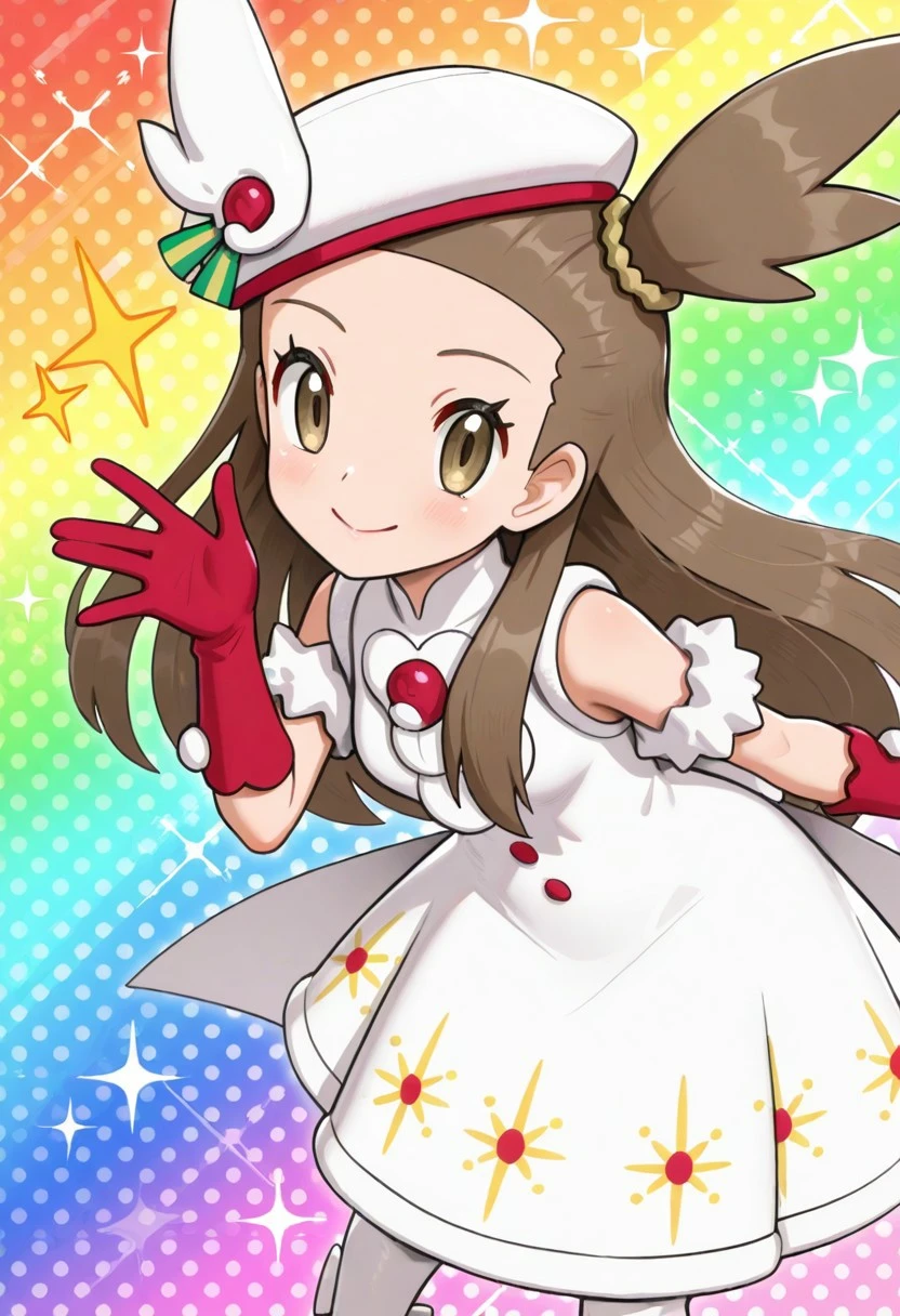 hinosaki, [[pokemoa, gonzarez]], 2d, masterpiece, best quality, amazing quality, 1girl, solo, close-up, standing, smile, upper body, leaning_forward, looking at viewer, multicolored background, sparkle, rainbow background, colorful background, masterpiece, best quality, amazing quality, highres, absurdres, newest, holjasmine, jasmine \(pokemon\), brown eyes, brown hair, long hair, hair ornament, hat, white headwear, sleeveless dress, white dress, long dress, buttons, fur armlet, red gloves, pom pom \(clothes\), thigh boots, footwear bow, white footwear