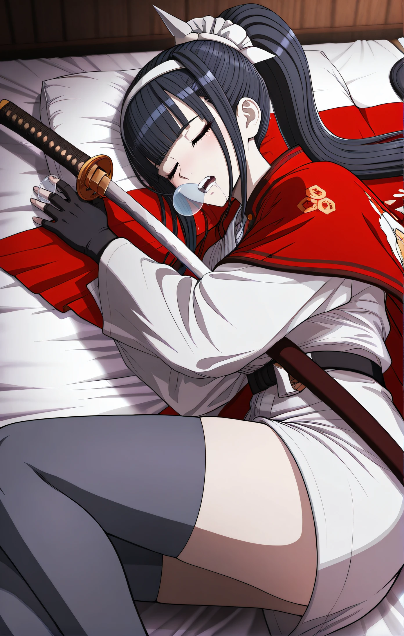 masterpiece, best quality, highres, newest, 1girl, solo, official style, <lora:Kyoshika_Magadori:1>, kyoshika, ponytail, blunt bangs, black hair, closed eyes, keikogi, red cape, black belt, hairband, black gloves, fingerless gloves, grey thighhighs, looking at viewer, indoor, nose bubble, saliva, open mouth, teeth, holding katana, indoor, drooling, sleeping, lying on bed, bed sheet