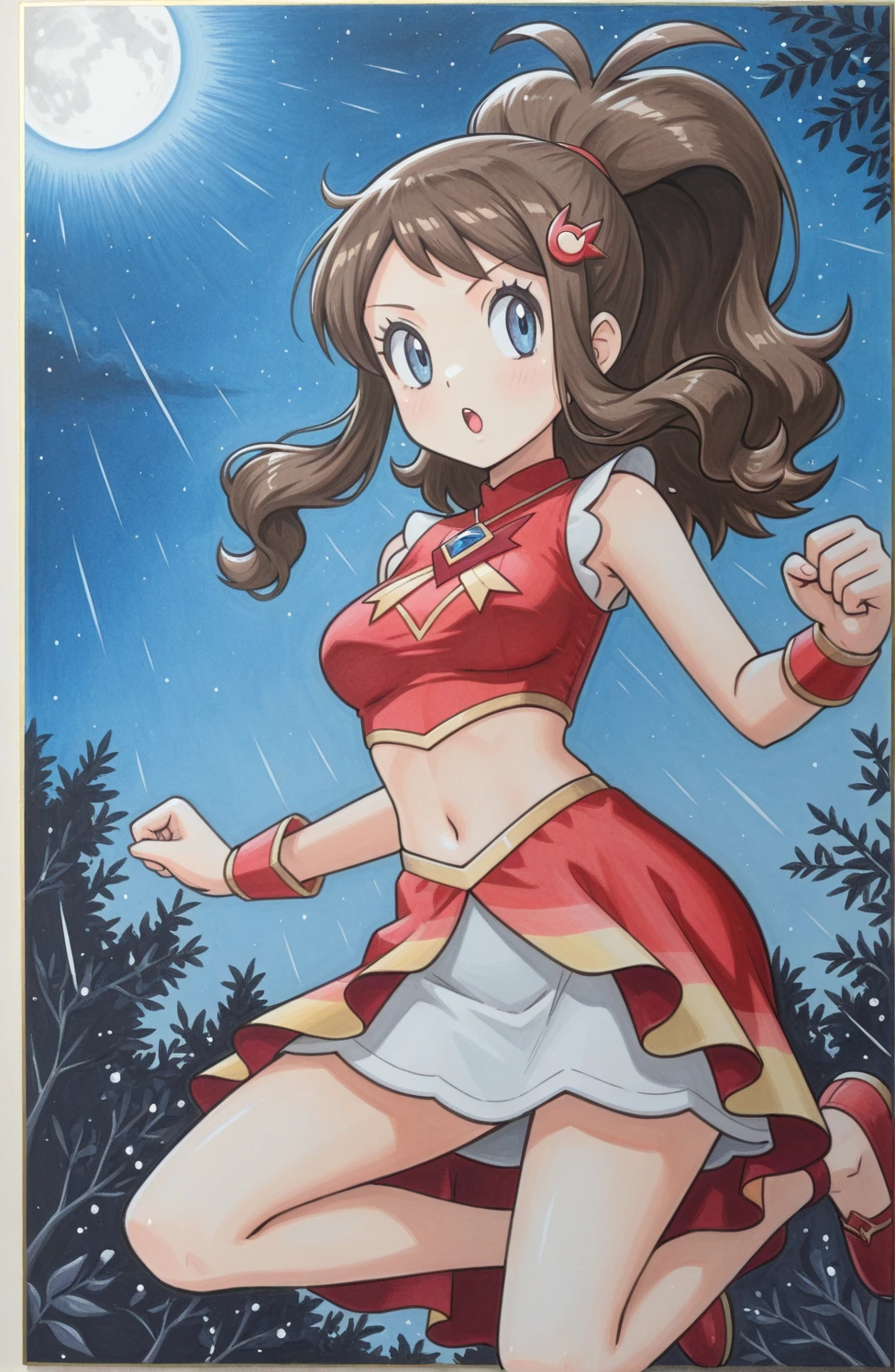 simple background, traditional media, sketch, detailed lines, sketch, manga style , pencil sketch style, soft shading, soft delicate features, 2d, masterpiece, best quality, amazing quality, highres, absurdres, newest, 1girl, solo, jumping, night, moonlight, sky, medium breasts, mature female, hilda \(pokemon\), brown hair, high ponytail, antenna hair, blue eyes, hair ornament, sleeveless shirt, red shirt, skirt, midriff, wrist cuffs, flats, red footwear