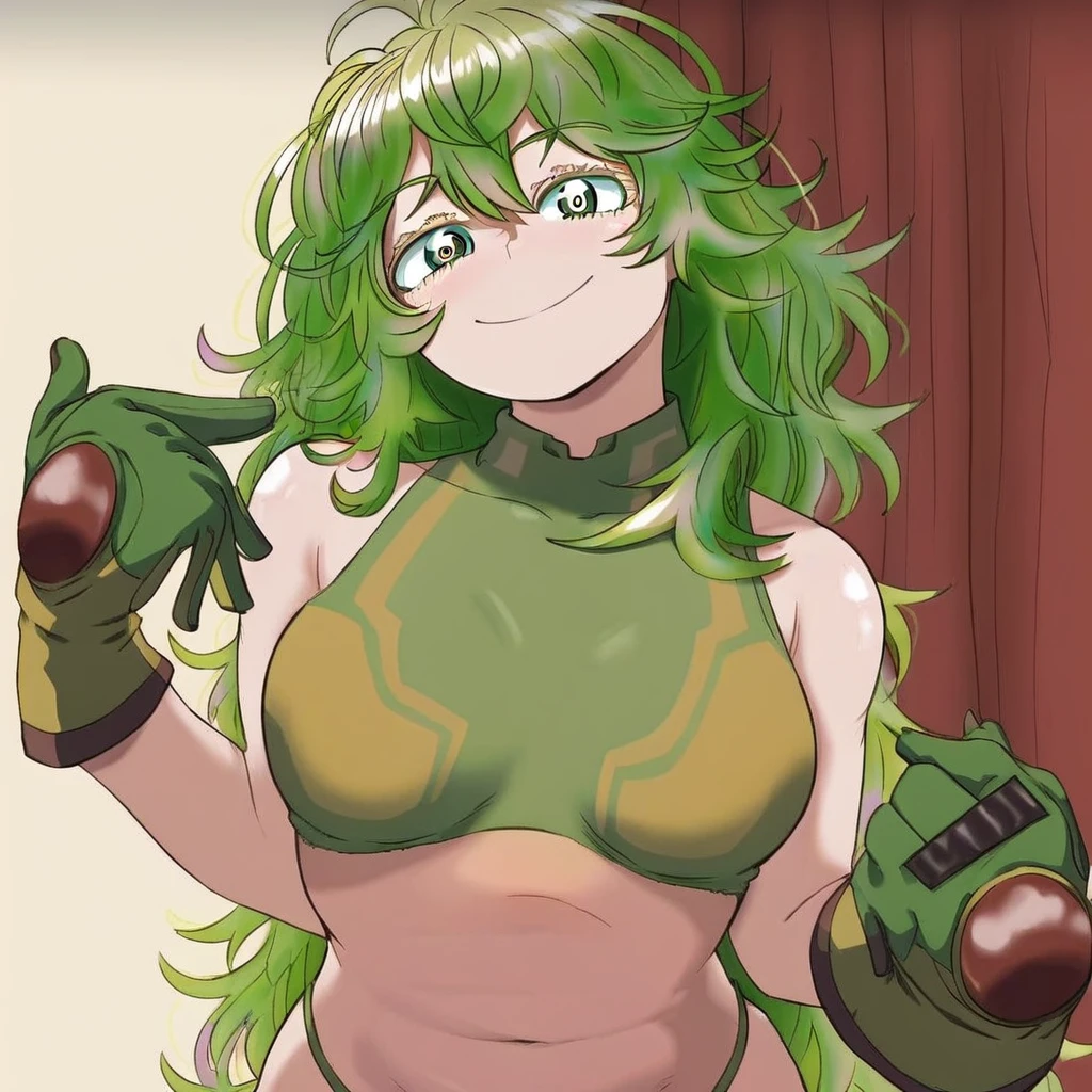 Draw a cute character in the shape of a green bean, who is a green bean beauty. She wears a bright green one-piece dress with the texture of a bean pod. Her hair is the color of a green bean pod, curving like pods and adorned with small green bean accents. Her eyes are large orange eyes, with a gentle and adorable gaze. On her cheeks, there are two small bean sprouts resembling vibrant-colored bows, adding to her playful charm. Her arms and legs are slender green bean pod shapes, resembling growing little green beans. Her shoes are green pod-shaped with delicate leaf decorations, making her even more adorable. The green bean beauty stands on a green grassland, surrounded by growing green bean plants, creating a warm background. She wears a sweet smile on her face and holds a sprouting green bean in her hand, symbolizing her growth and vitality. This prompt aims to inspire your creativity to bring this green bean beauty to life using stable diffusion, showcasing her cuteness and liveliness. Wishing you success in your creation!