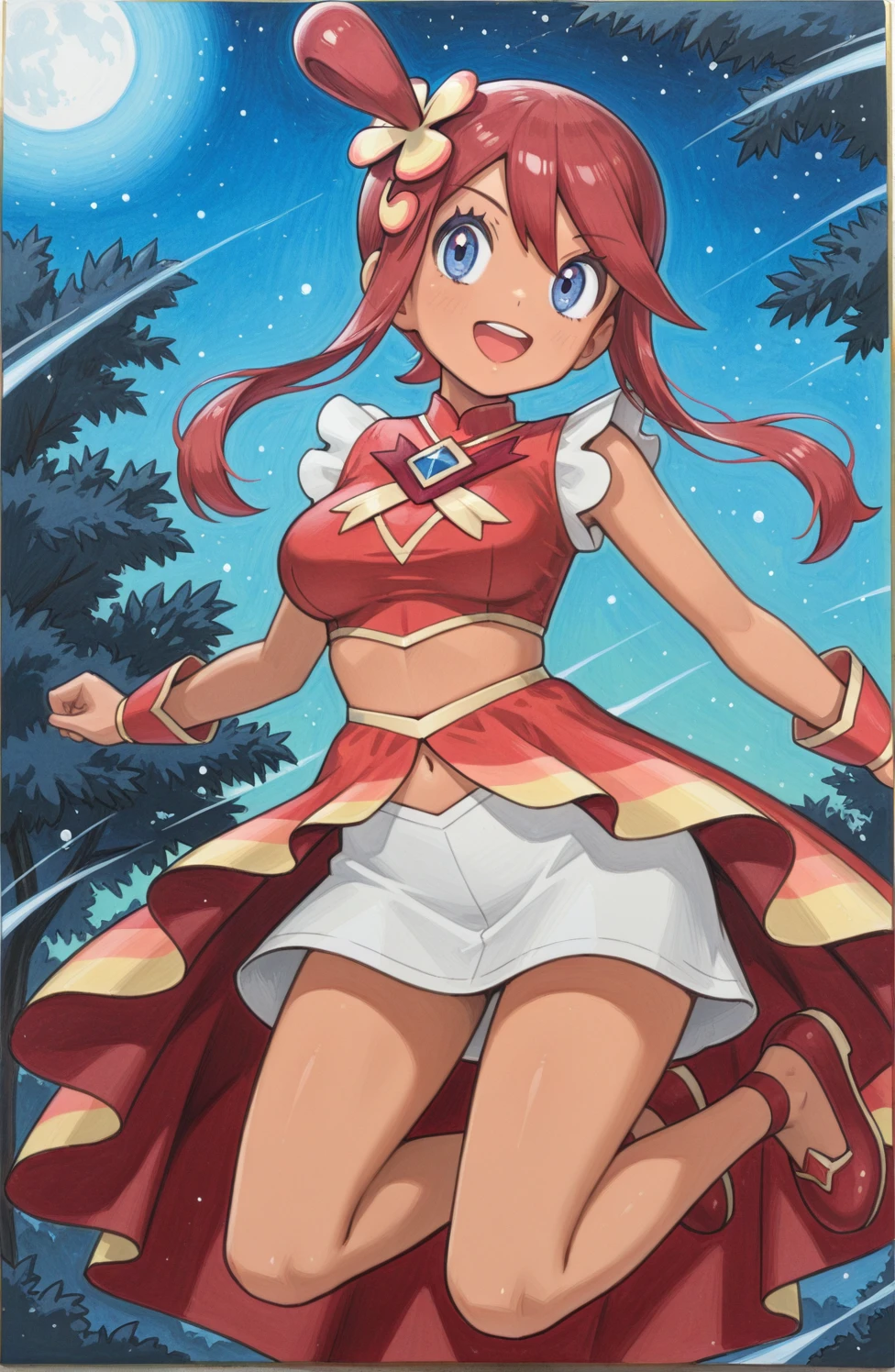 simple background, traditional media, sketch, detailed lines, sketch, manga style , pencil sketch style, soft shading, soft delicate features, 2d, masterpiece, best quality, amazing quality, highres, absurdres, newest, 1girl, solo, jumping, night, moonlight, sky, medium breasts, mature female, skyla \(pokemon\), red hair, blue eyes, one side up, sidelocks, dark-skinned female, hair ornament, sleeveless shirt, red shirt, skirt, midriff, wrist cuffs, flats, red footwear, red showgirl skirt, white miniskirt