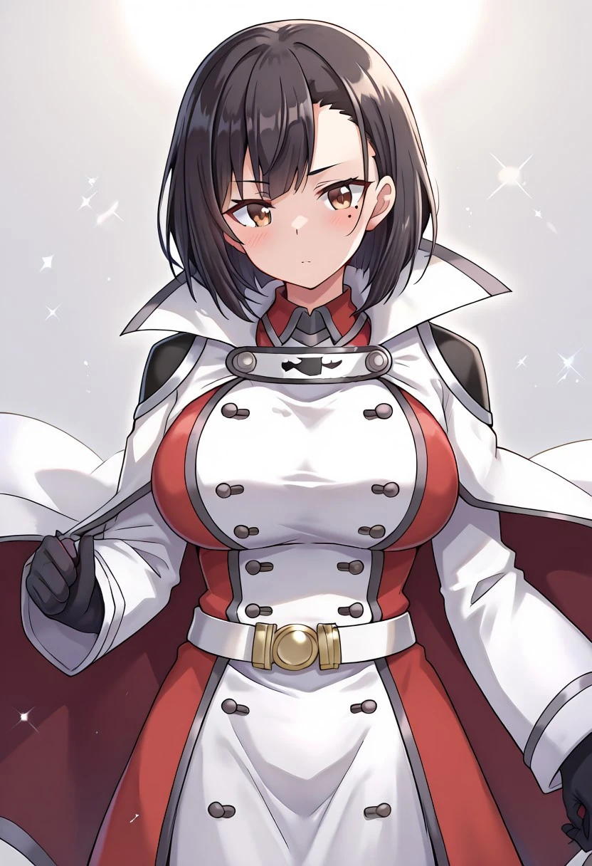 KonosubaFantasticDays-Liver020, lazympos, masterpiece, best quality, amazing quality, rays light, particles of light, front shot cinematic angle, white background, simple background, shiny skin, BREAK serena-liver020, 1girl, solo, black hair, short hair, black gloves, big breasts, white belt, bangs, long cape, white cape, buttons, brown eyes, mole under eye, long coat, white and red coat, multicolored coat, white sleeves, black shoulder pads, cowboy shot, red coat