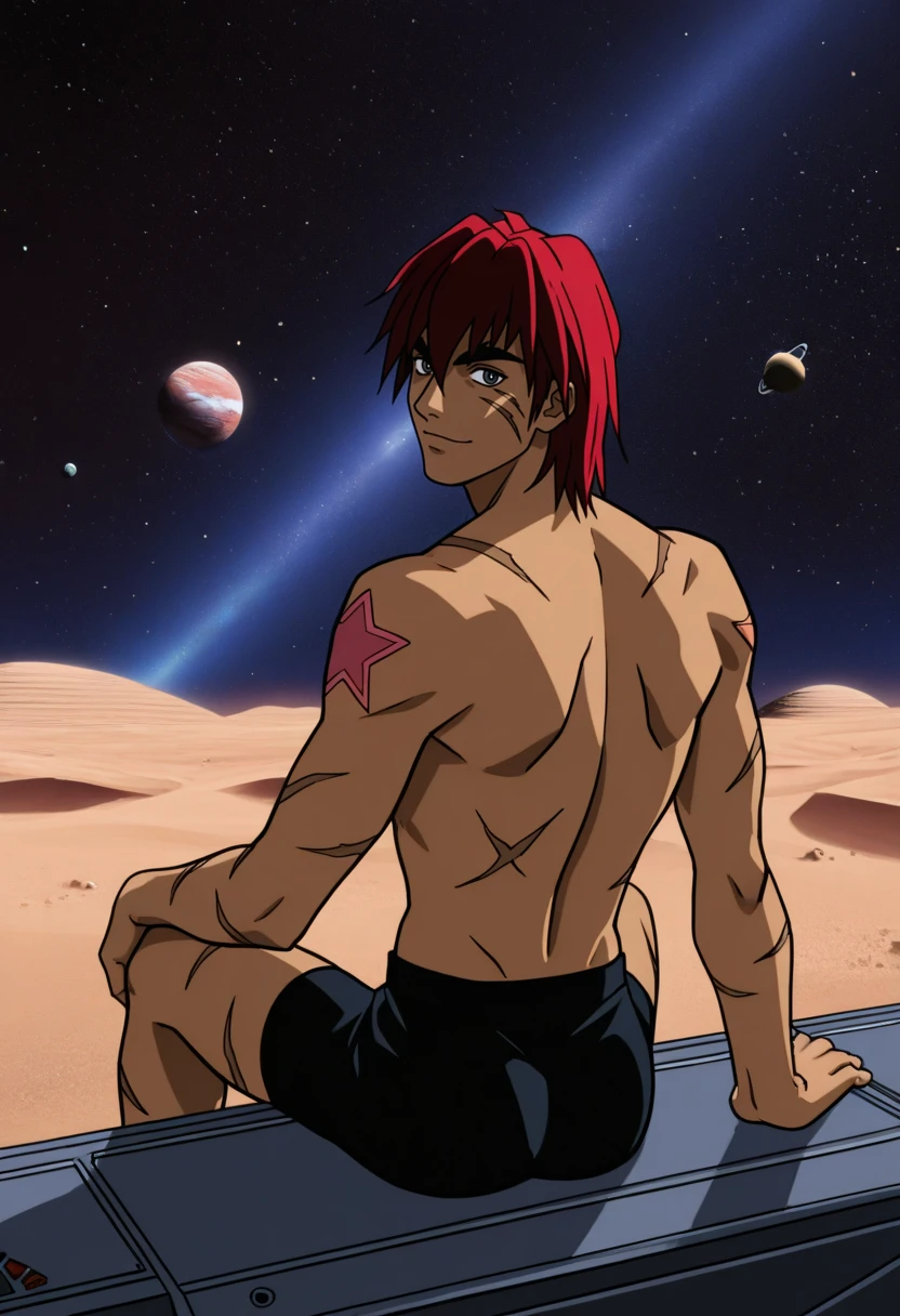 GeneStarwind, 1boy, solo, red_hair, blue_eyes, scars, thick_eyebrows, bangs, dark-skinned_male, walking, night, <lora:Gene Starwind:1>, sitting, desert, space, planets in background, looking at viewer, black_shorts, topless_male, looking_back, looking_at_viewer, arm_tattoo, red_star_tattoo,