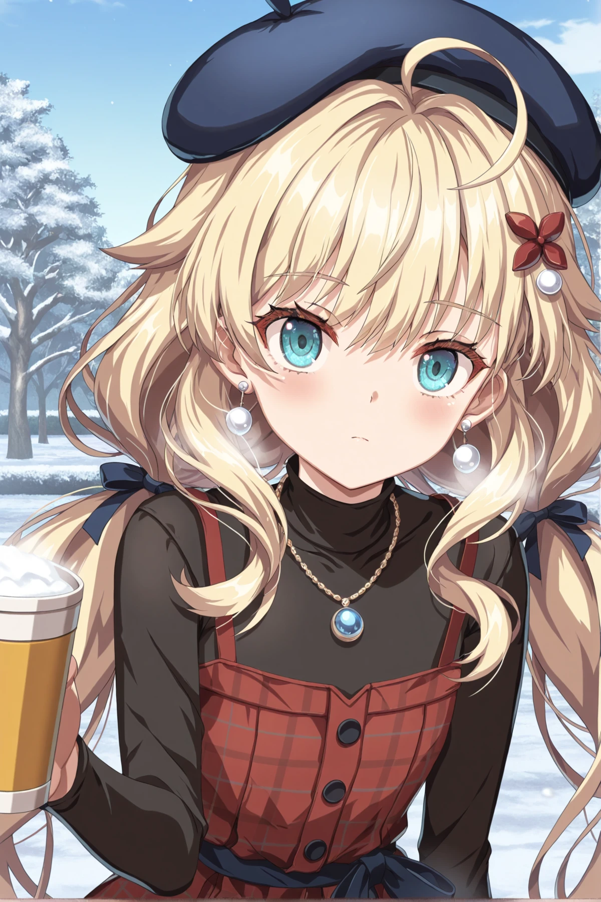 top-quality、Top image quality、masterpiece、girl with((Black jacket、Blue tank top、White trousers、sixteen years old、teen ager、cute little、Best Bust、big bast,Beautiful light blue eyes、Breasts wide open, a blond、A slender,Large valleys、belligerent movements,military backpack、dye one's cheeks red、shivering、sapphire earrings、Hats、holding lantern、close range、White breath、Laugh、)),hiquality、Beautiful Art、Background with((Ice Burn City at night、snowflakes falling、Heavy snow falls、snowman、ice tower、Ramen stall)))、masutepiece、depth of fields,8K