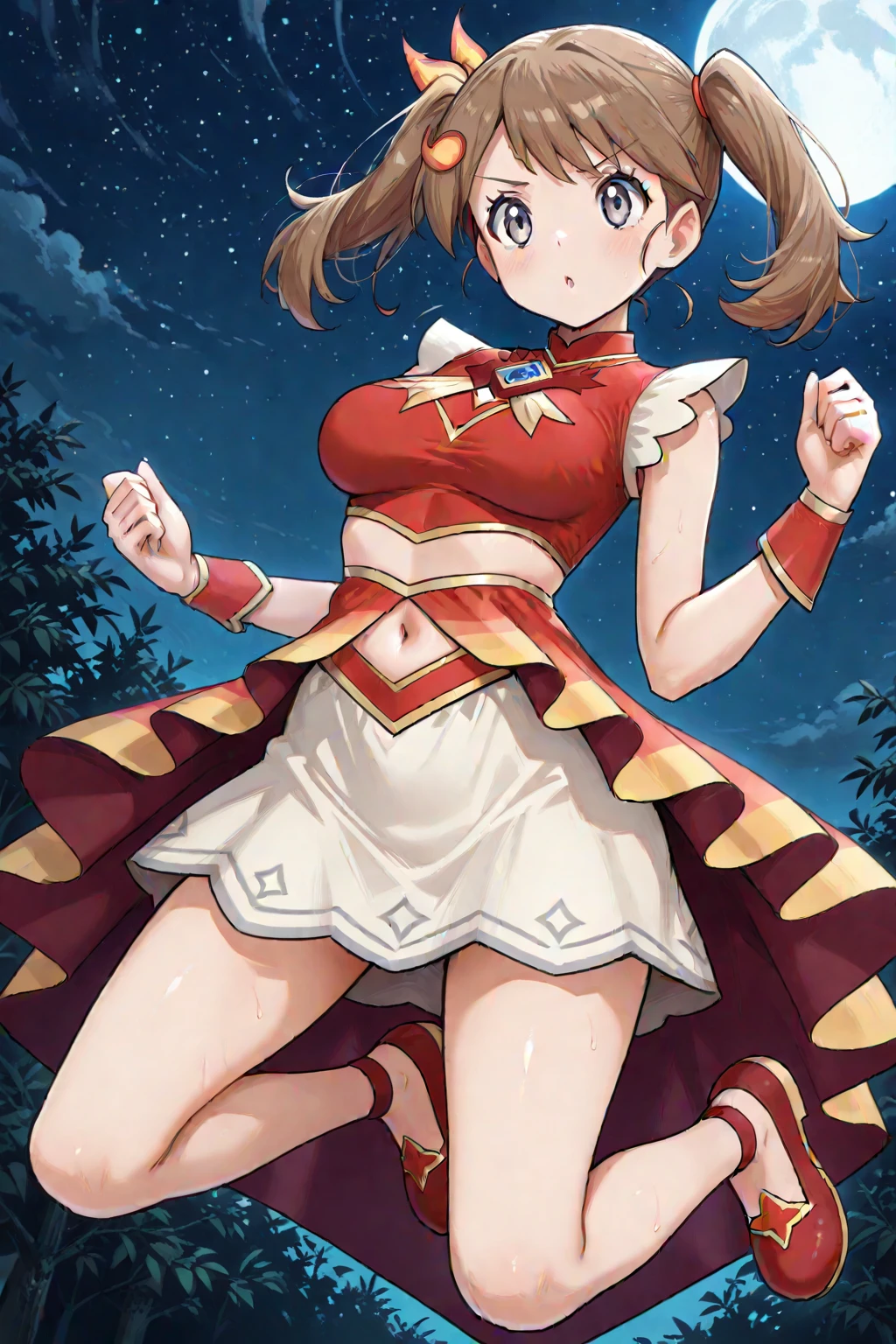 2d, masterpiece, best quality, amazing quality, highres, absurdres, newest, 1girl, solo, jumping, night, moonlight, sky, medium breasts, mature female, adult body, grown-up, sygmay, grey eyes, brown hair, twintails, hair ornament, sleeveless shirt, red shirt, skirt, midriff, navel, wrist cuffs, flats, red footwear