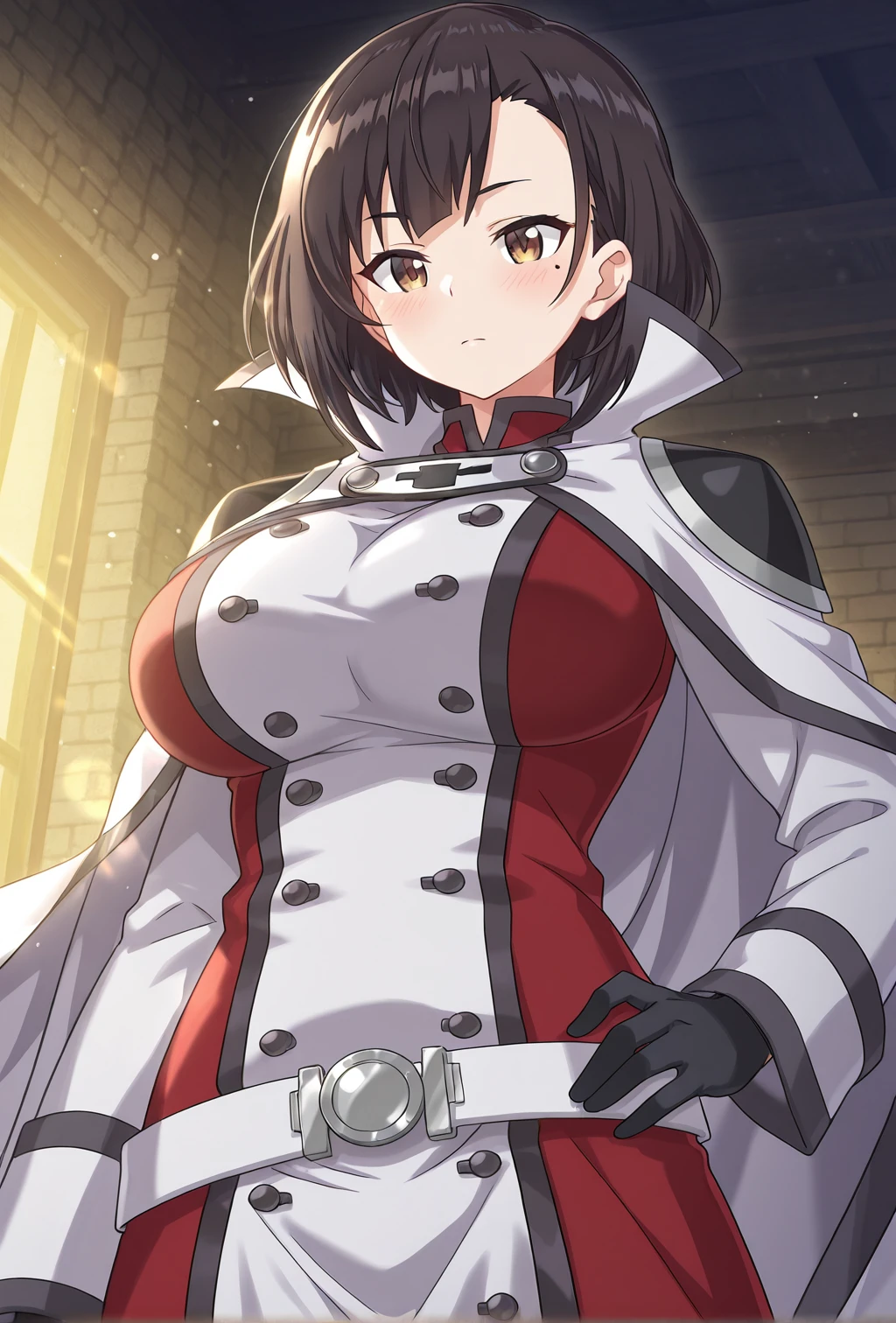 KonosubaFantasticDays-Liver020, SnaxyByte, masterpiece, best quality, amazing quality, rays light, particles of light, front shot cinematic angle, detailed background, beautiful background, shiny skin, Serena-Liver020, 1girl, solo, bangs, black hair, short hair, black gloves, large breasts, white belt, long cape, white cape, red high collar, buttons, brown eyes, mole under eye, long coat, white and red coat, multicolored coat, white sleeves, black shoulder pads, cowboy shot, red coat