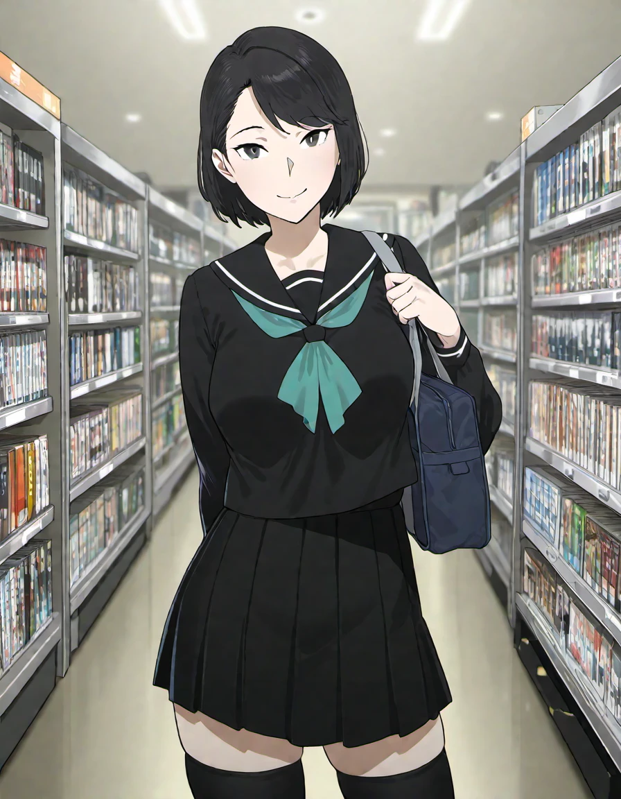 1girl,mikamori_tsugumi,black hair,black eyes,short hair,asymmetrical_bangs ,black shirt,serafuku,pleated skirt,black thighhighs,holding school bag,arm behind back,smile,bookstore,indoors,looking at viewer,contrapposto,solo<lora:mikamori_tsugumi:0.7>,